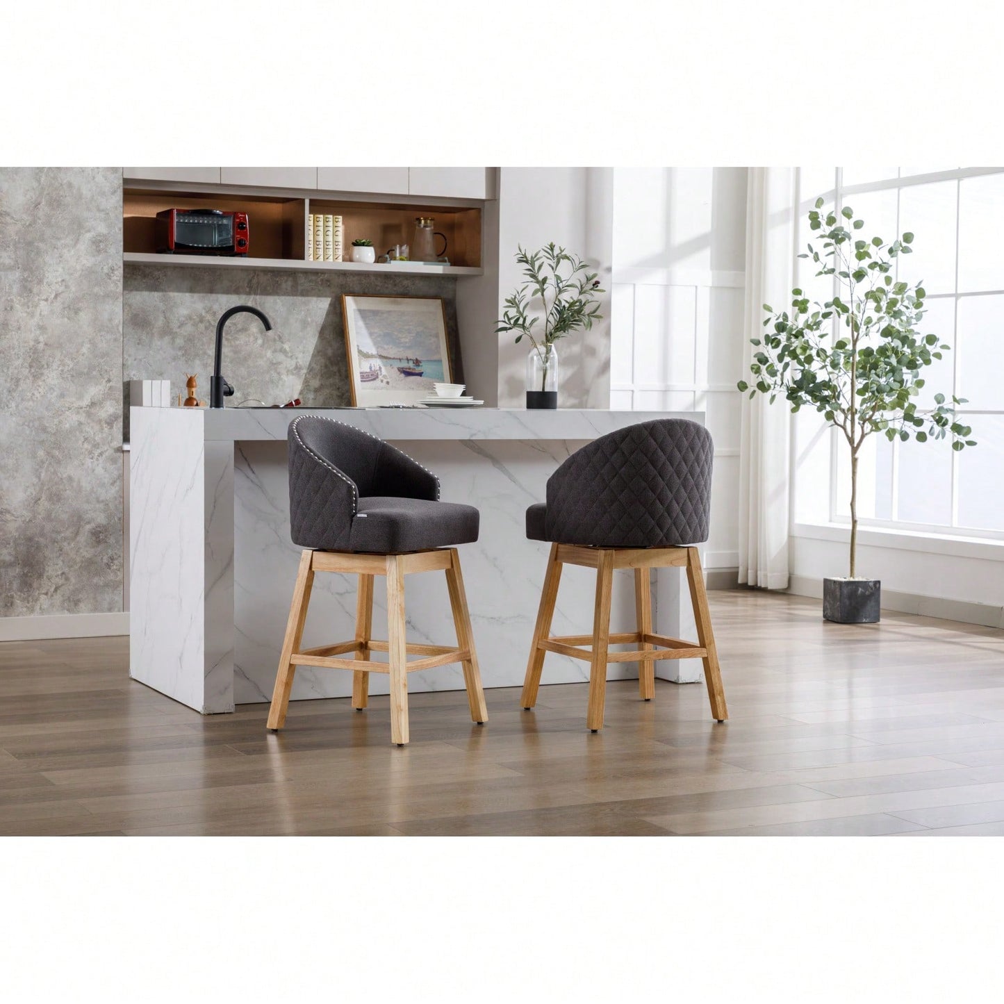 Bar Stools Set Of 2 Counter Height Chairs With Footrest For Kitchen, Dining Room And 360 Degree Swivel