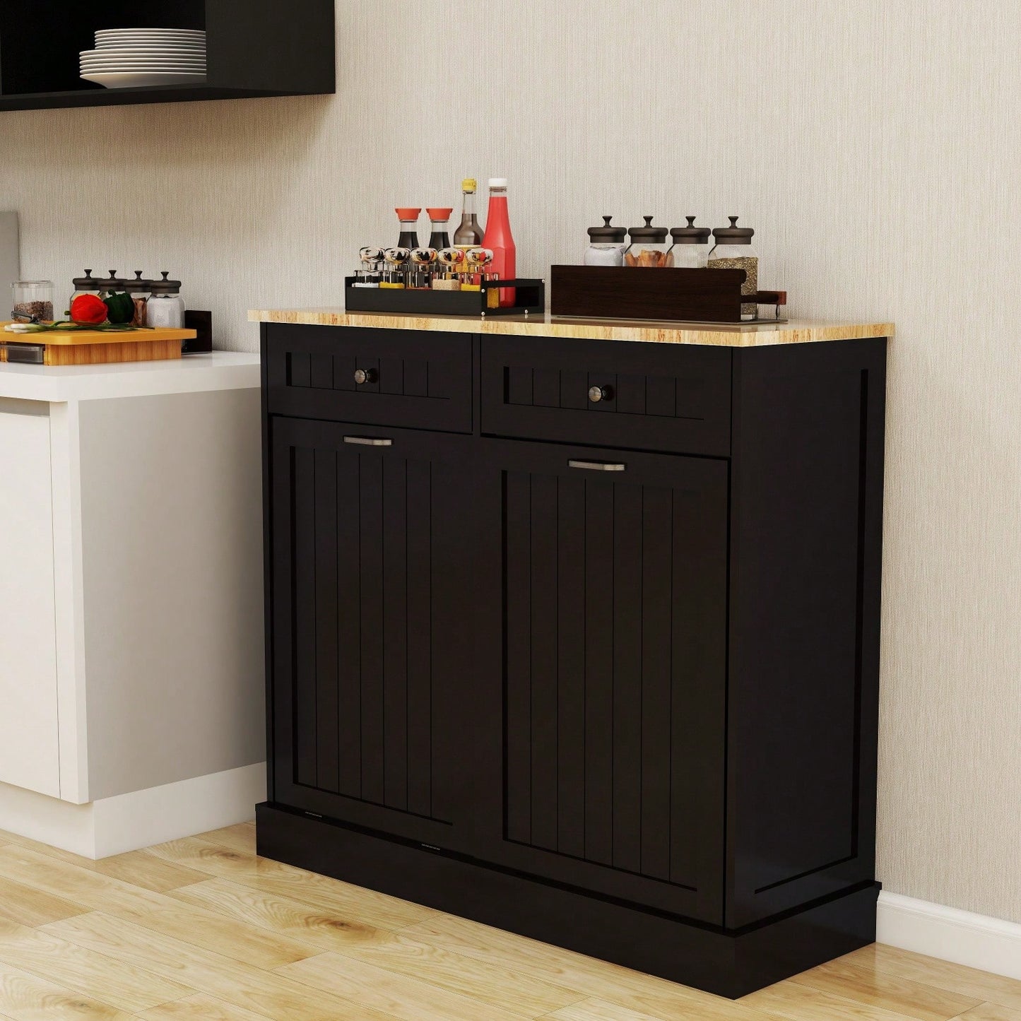 Two Drawer Kitchen Trash Cabinet With Tilt-Out Compartment For Two 10-Gallon Trash Cans