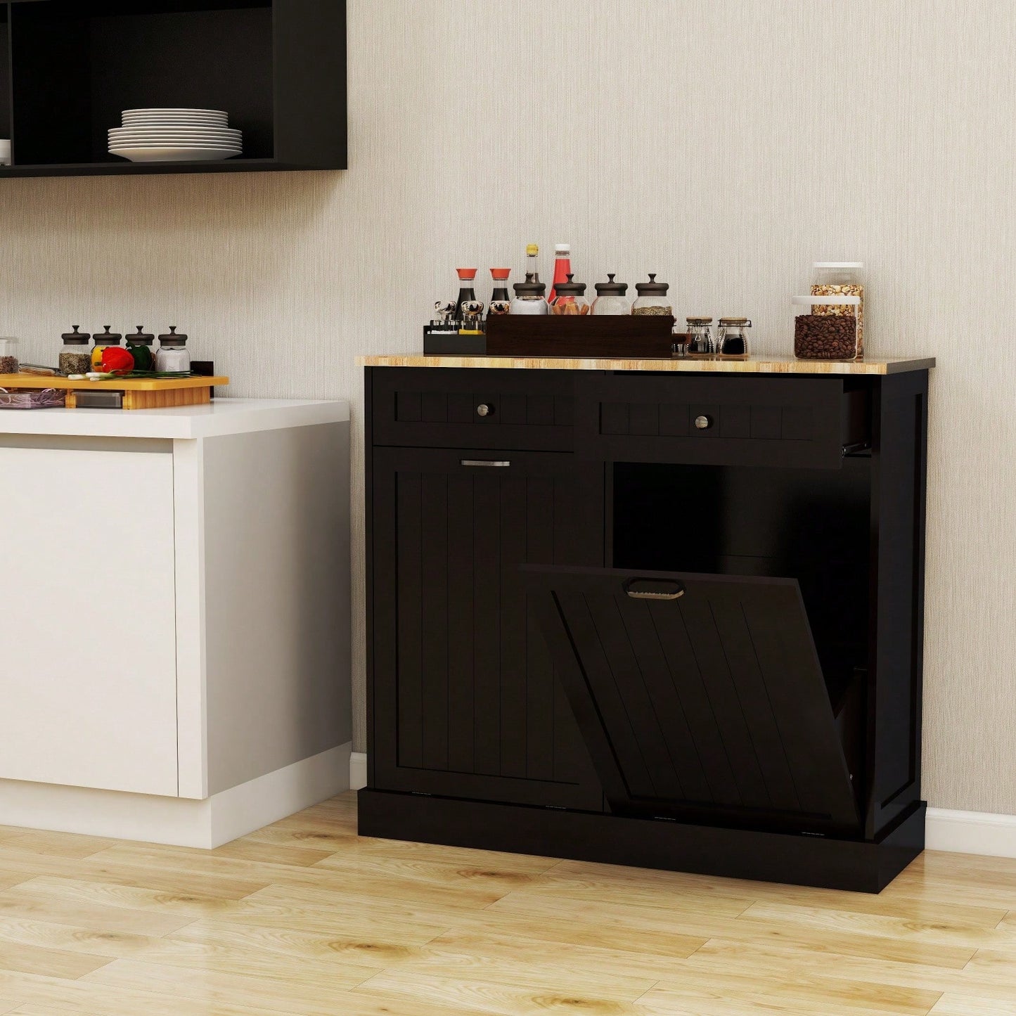 Two Drawer Kitchen Trash Cabinet With Tilt-Out Compartment For Two 10-Gallon Trash Cans