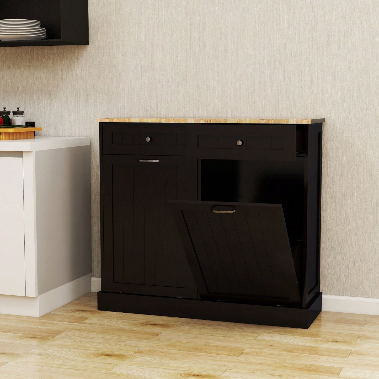 Two Drawer Kitchen Trash Cabinet With Tilt-Out Compartment For Two 10-Gallon Trash Cans