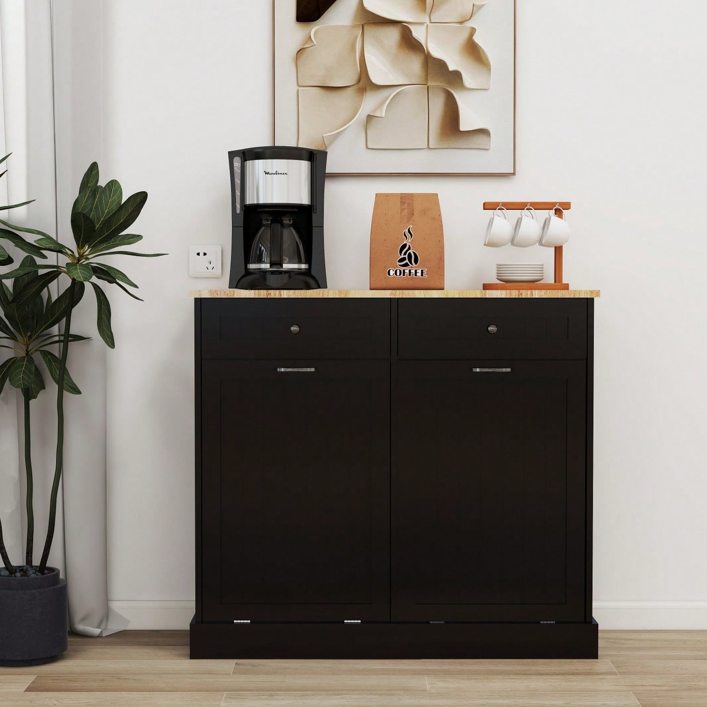 Two Drawer Kitchen Trash Cabinet With Tilt-Out Compartment For Two 10-Gallon Trash Cans