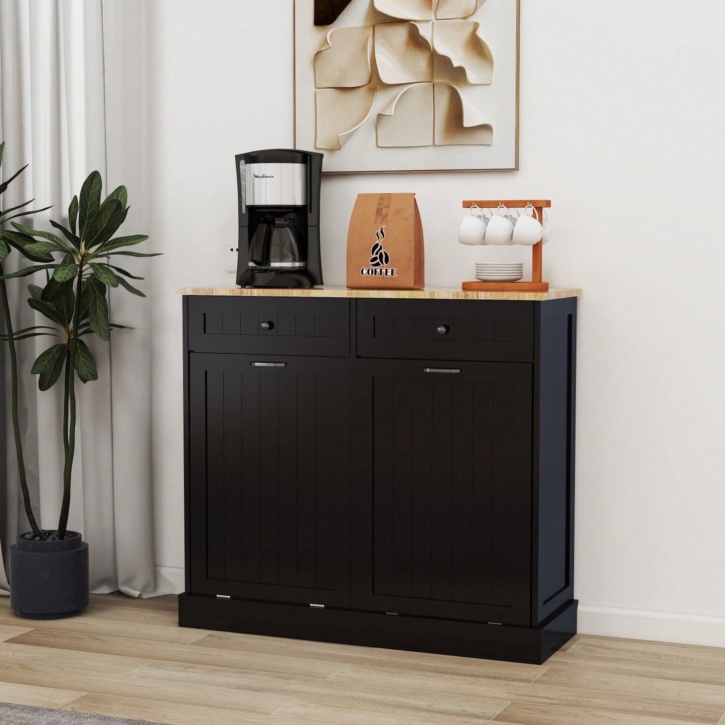 Two Drawer Kitchen Trash Cabinet With Tilt-Out Compartment For Two 10-Gallon Trash Cans