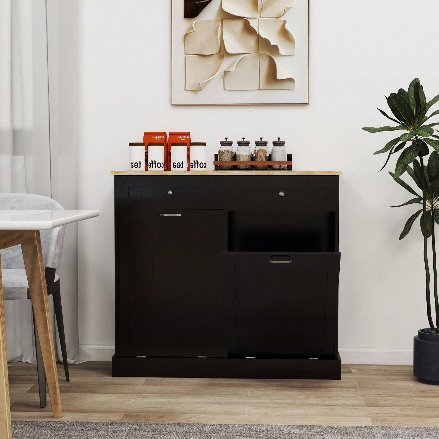 Two Drawer Kitchen Trash Cabinet With Tilt-Out Compartment For Two 10-Gallon Trash Cans
