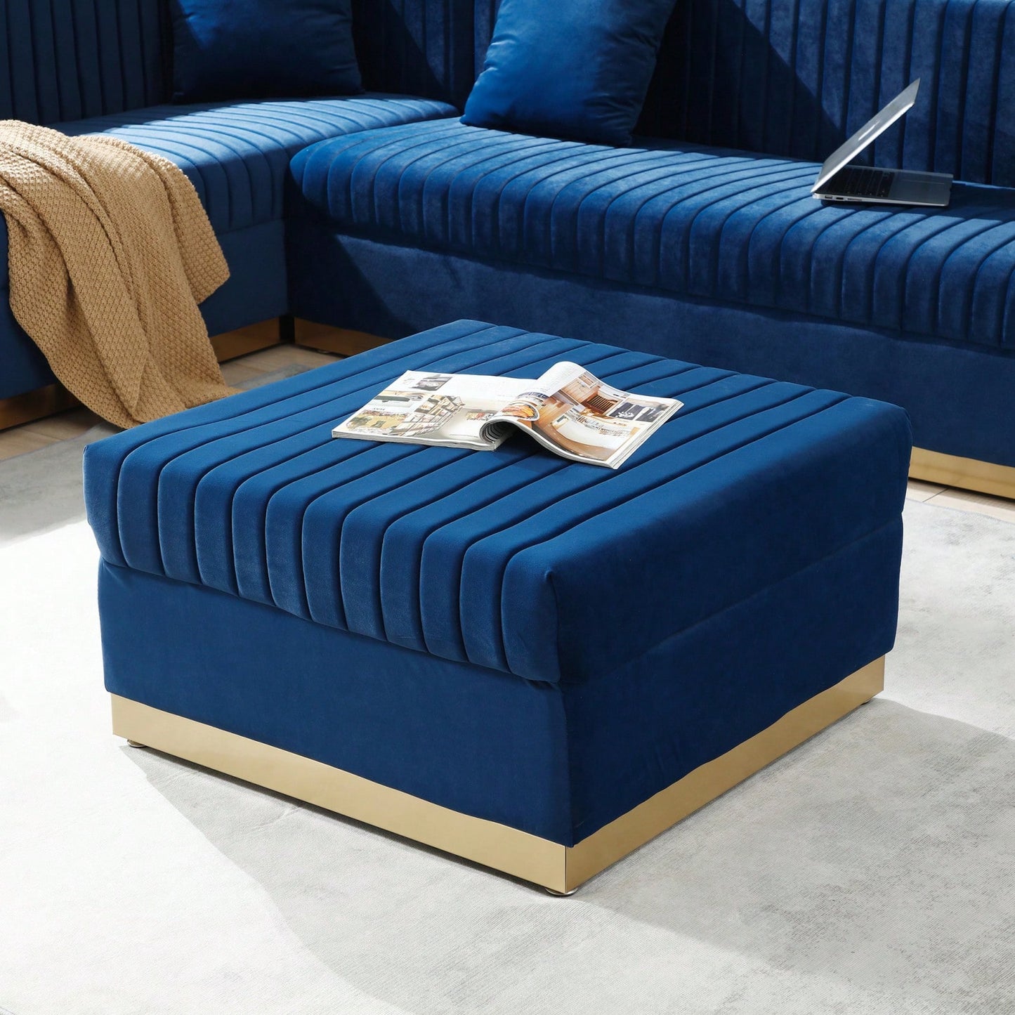 Large Velvet Ottoman Footrest - Modern Tufted Upholstered Foot Stool With Gold Base For Living Room, Bedroom Or Apartment