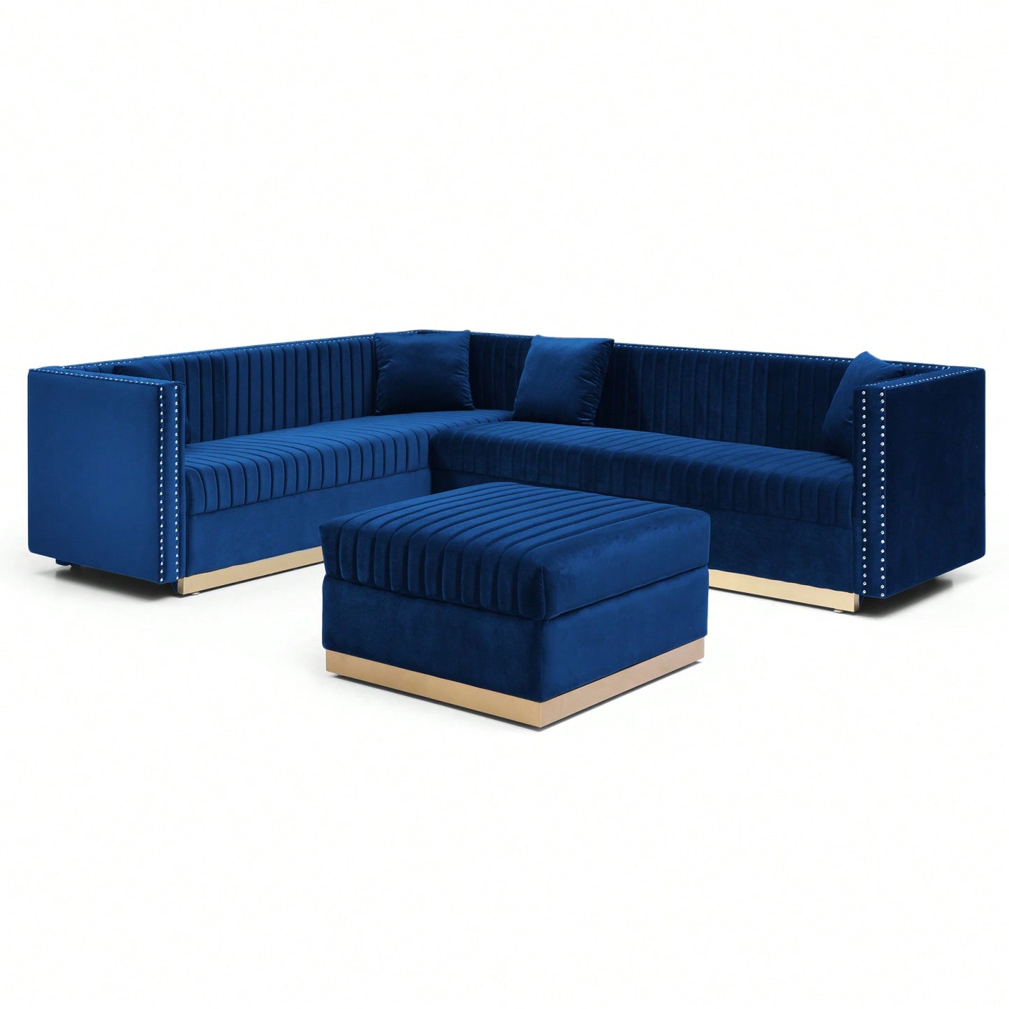 Large Velvet Ottoman Footrest - Modern Tufted Upholstered Foot Stool With Gold Base For Living Room, Bedroom Or Apartment