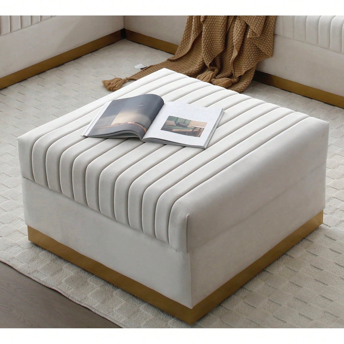 Large Velvet Ottoman Footrest - Modern Tufted Upholstered Foot Stool With Gold Base For Living Room, Bedroom Or Apartment