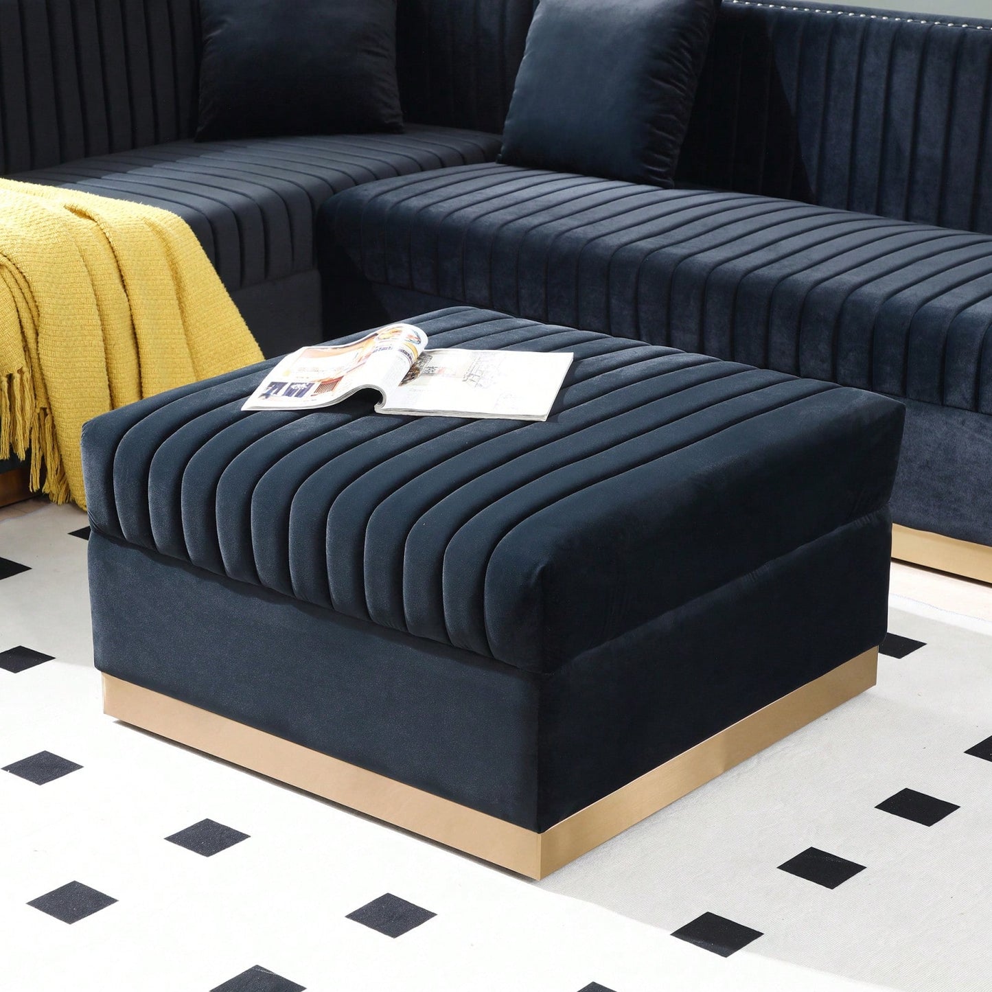 Large Velvet Ottoman Footrest - Modern Tufted Upholstered Foot Stool With Gold Base For Living Room, Bedroom Or Apartment