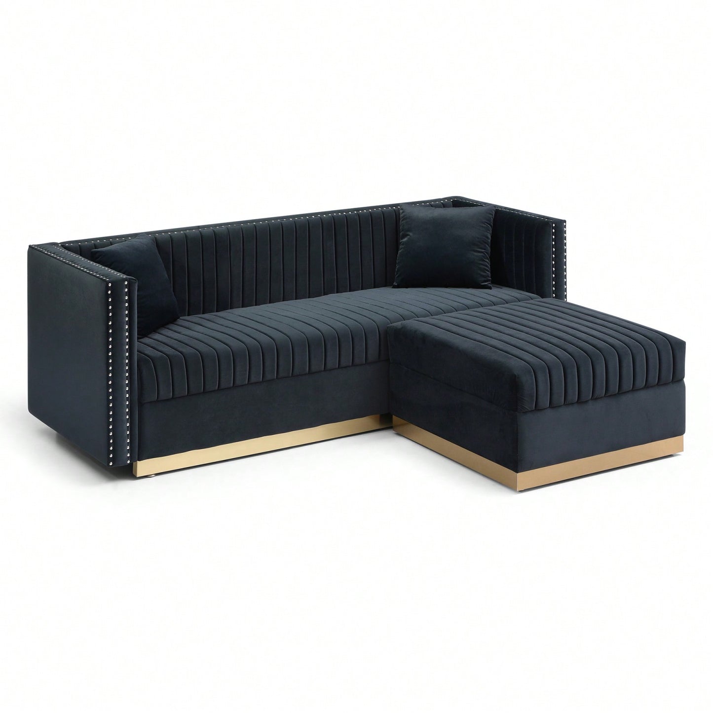 Large Velvet Ottoman Footrest - Modern Tufted Upholstered Foot Stool With Gold Base For Living Room, Bedroom Or Apartment