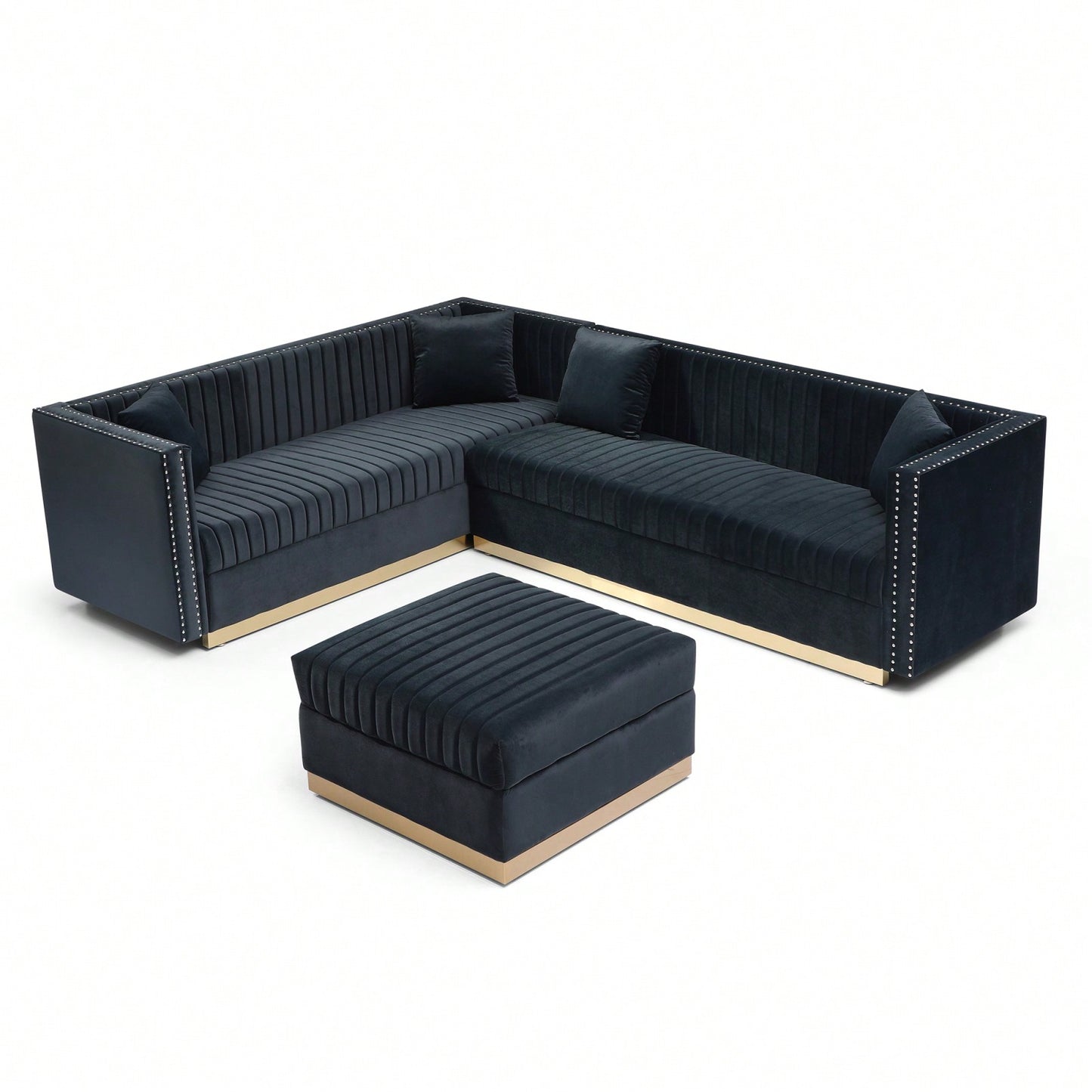 Large Velvet Ottoman Footrest - Modern Tufted Upholstered Foot Stool With Gold Base For Living Room, Bedroom Or Apartment