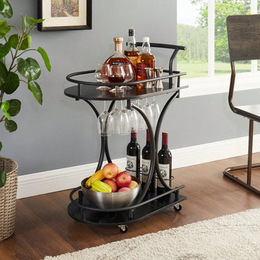 Retro 2-Tier Rolling Bar Cart with Wine Rack and Glass Holder for Kitchen and Living Room