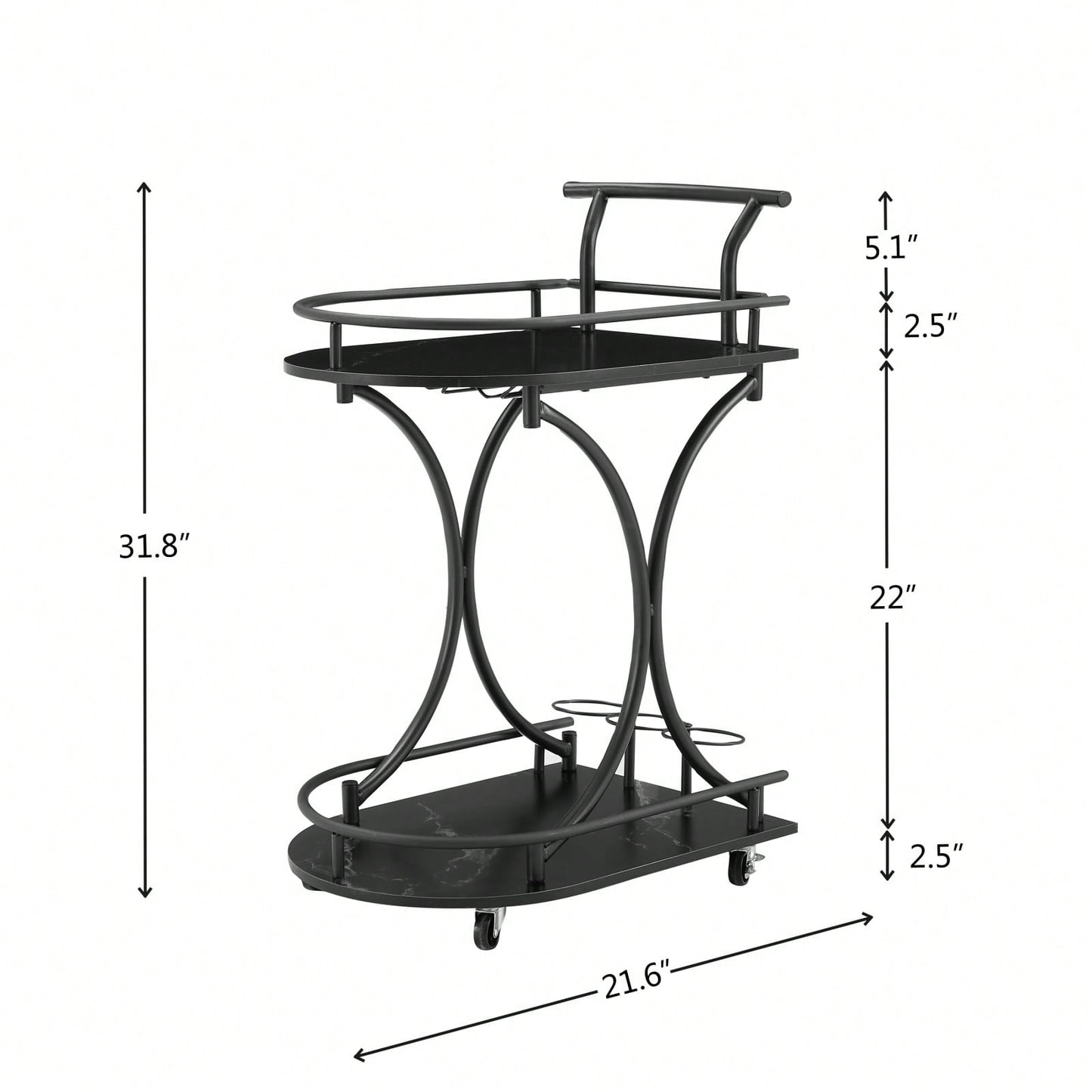 Retro 2-Tier Rolling Bar Cart with Wine Rack and Glass Holder for Kitchen and Living Room
