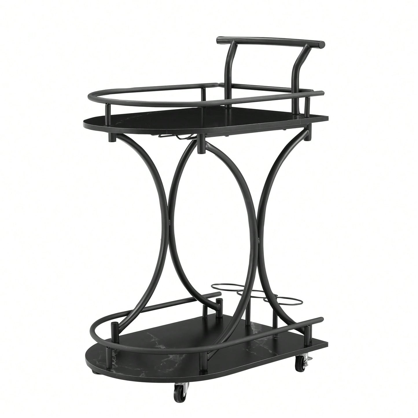 Retro 2-Tier Rolling Bar Cart with Wine Rack and Glass Holder for Kitchen and Living Room