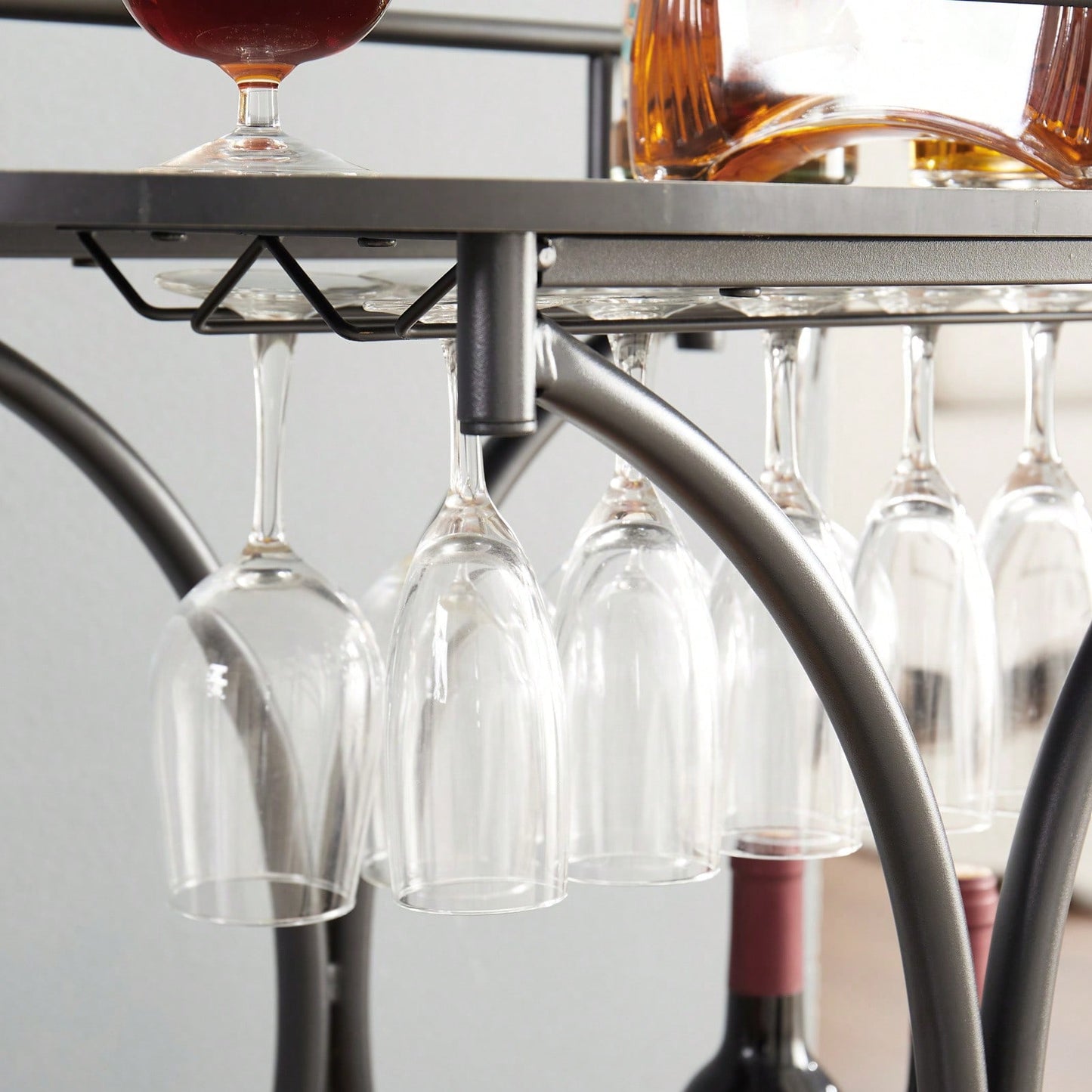 Retro 2-Tier Rolling Bar Cart with Wine Rack and Glass Holder for Kitchen and Living Room