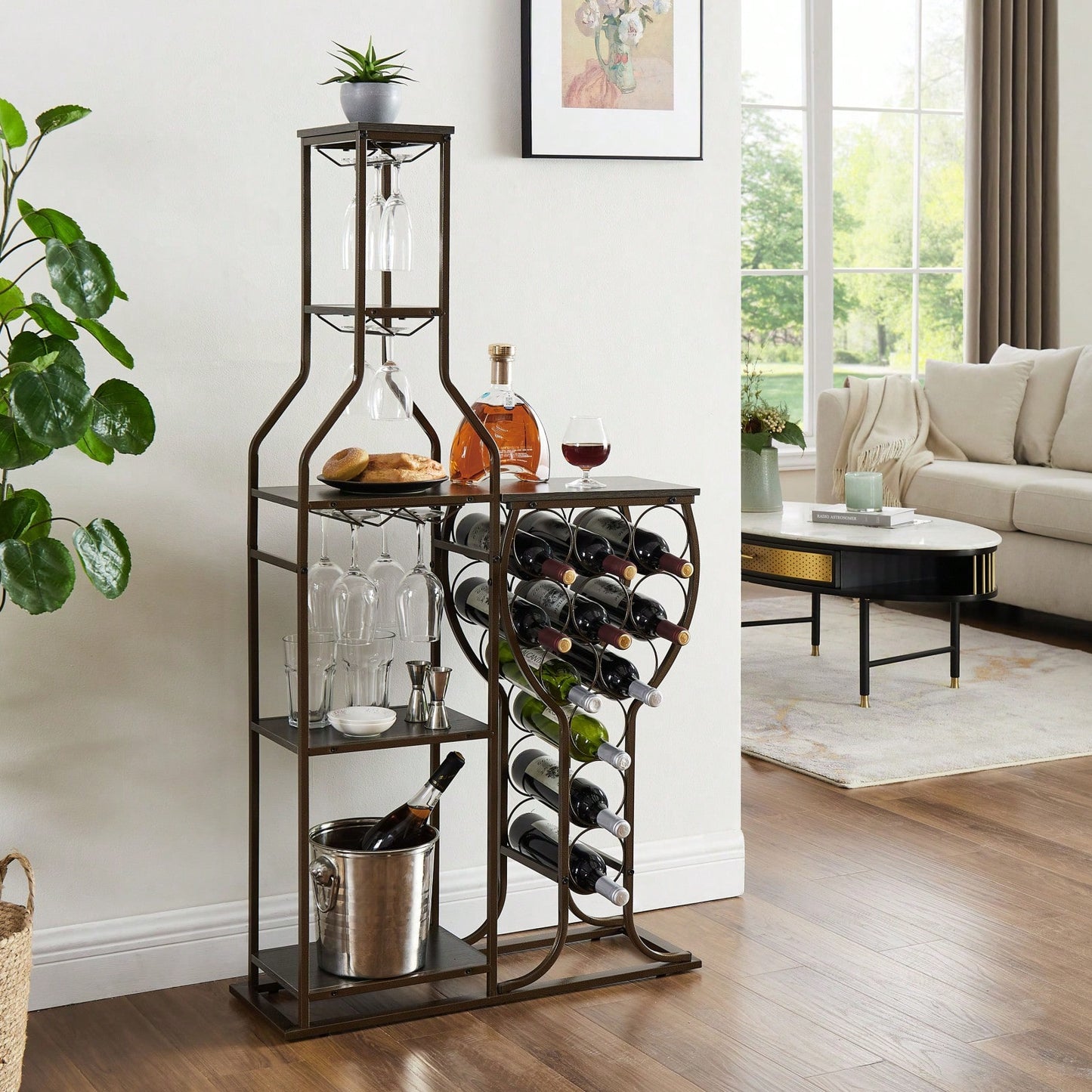 5 Tier Freestanding Wine Rack with Glass Holder and Storage Shelves for Home Bar and Liquor Organization