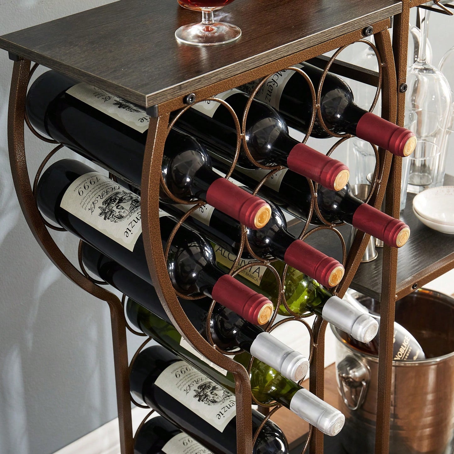 5 Tier Freestanding Wine Rack with Glass Holder and Storage Shelves for Home Bar and Liquor Organization