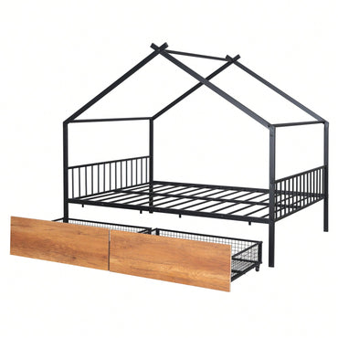 Full Size Metal House Bed With Two Drawers