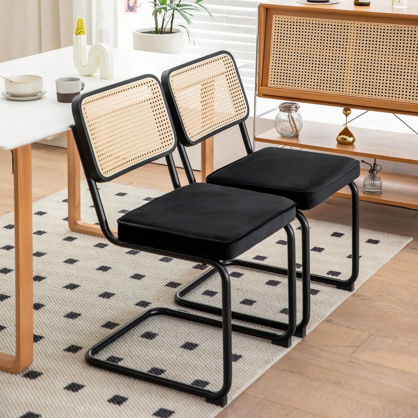 Dining Chairs Set Of 2 With Velvet Rattan Side Accent Chairs