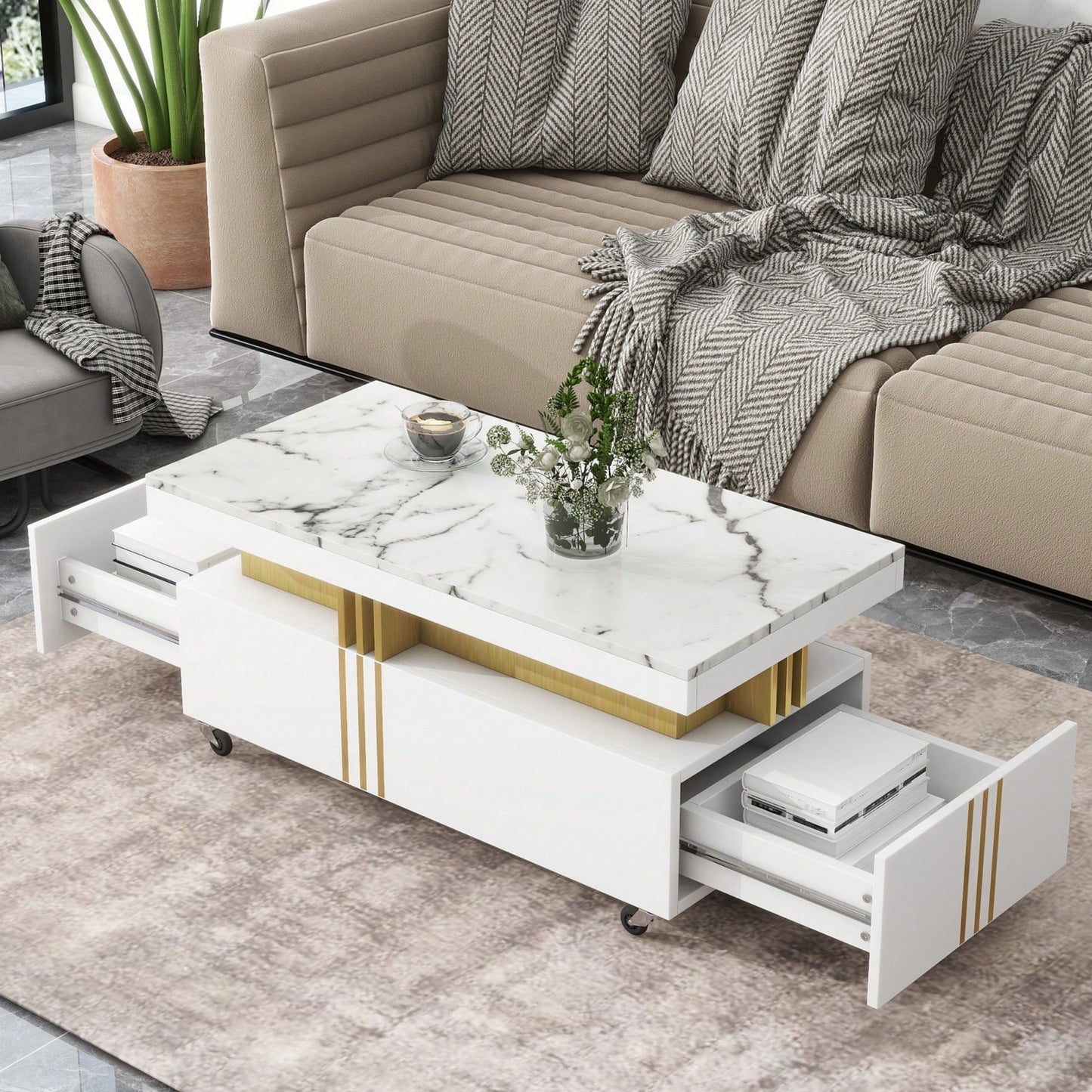 Contemporary Coffee Table With Faux Marble Top And Drawers