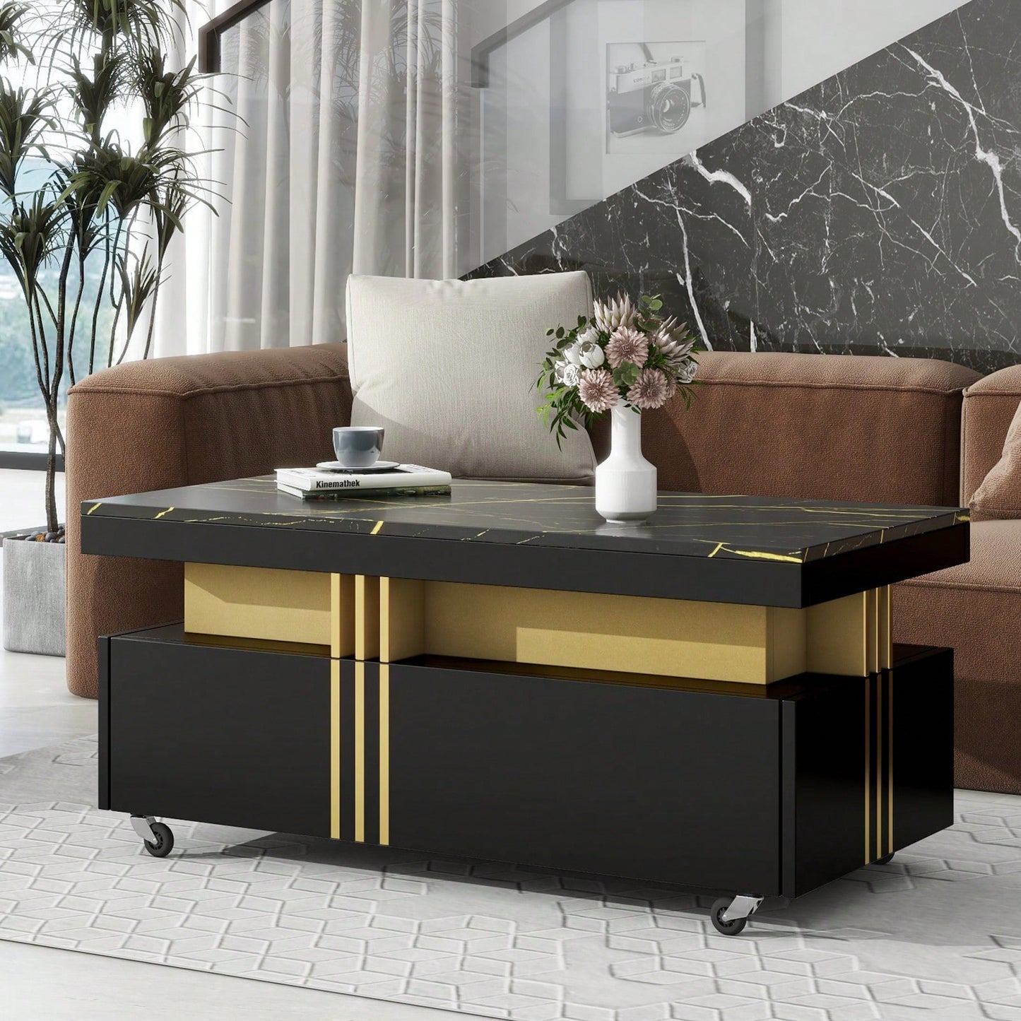 Contemporary Coffee Table With Faux Marble Top And Drawers