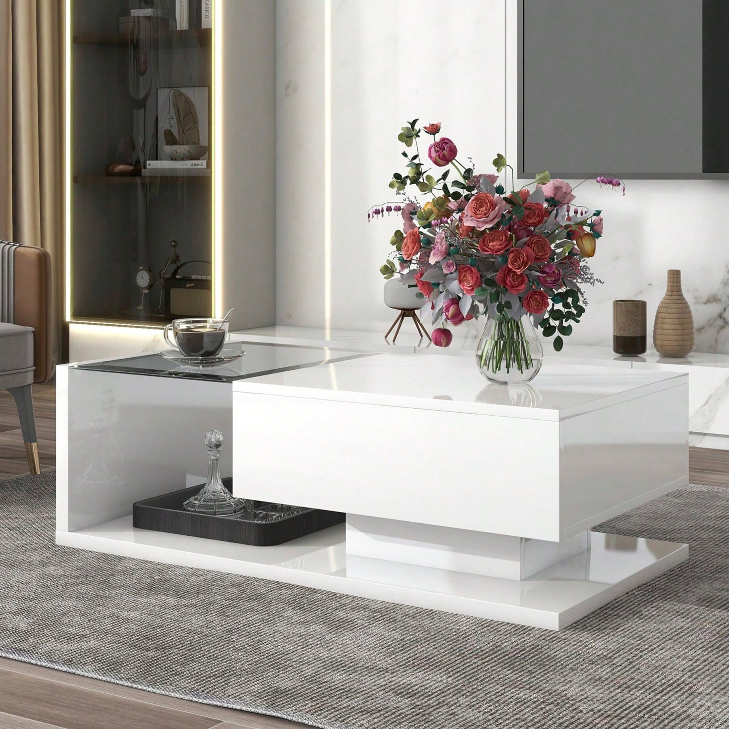 Modern Coffee Table With Tempered Glass Top And Drawer