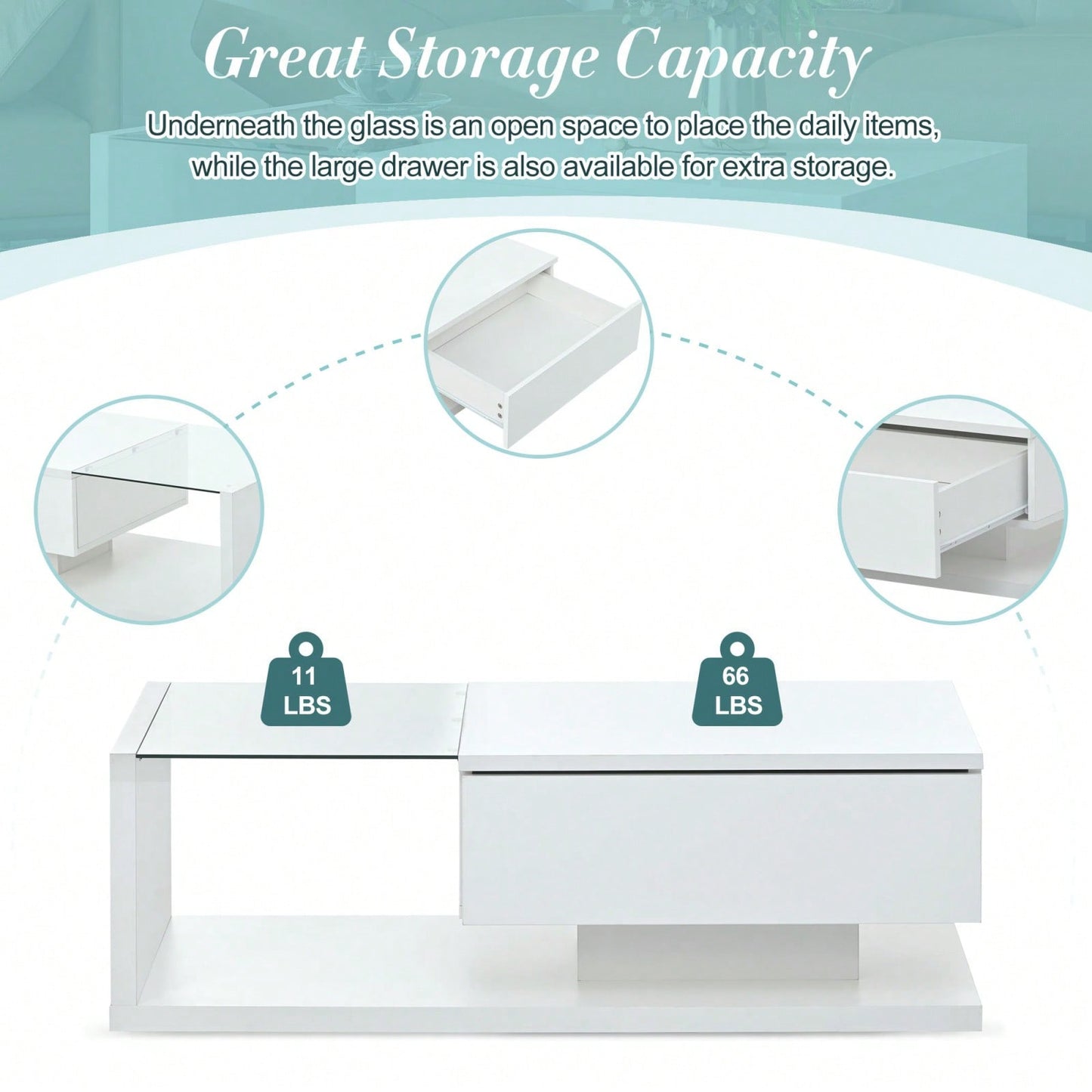 Modern Coffee Table With Tempered Glass Top And Drawer