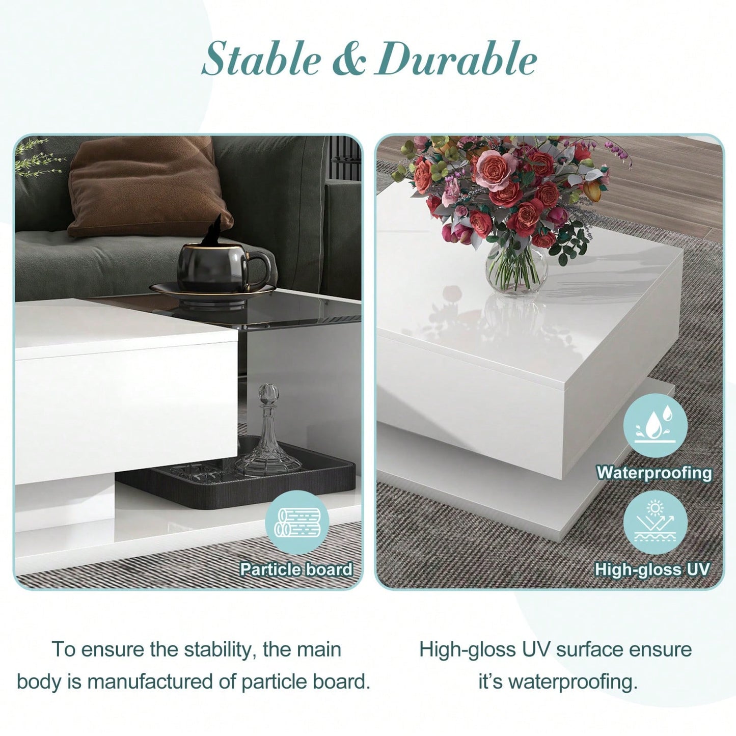 Modern Coffee Table With Tempered Glass Top And Drawer