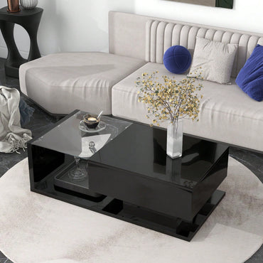 Modern Coffee Table With Tempered Glass Top And Drawer