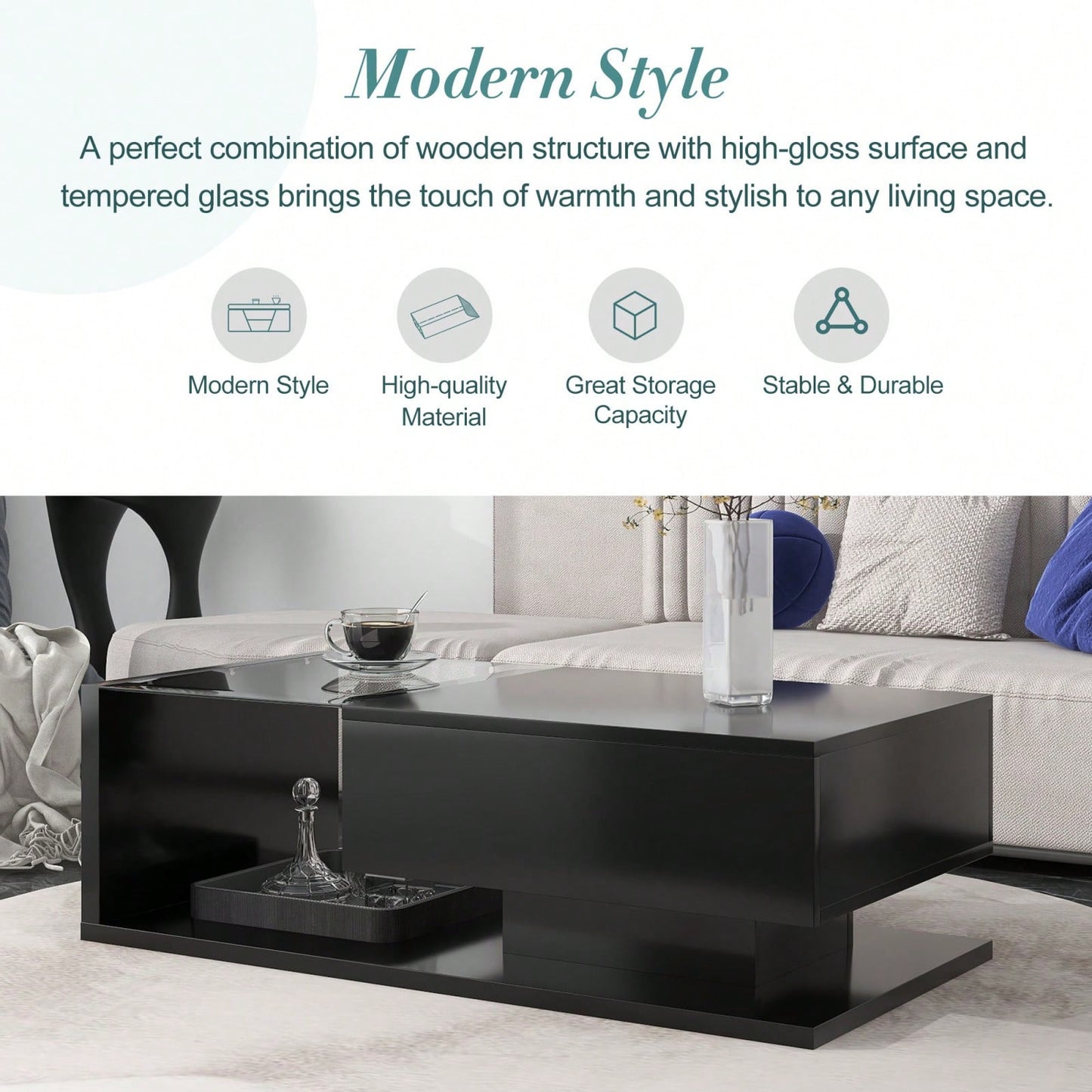 Modern Coffee Table With Tempered Glass Top And Drawer