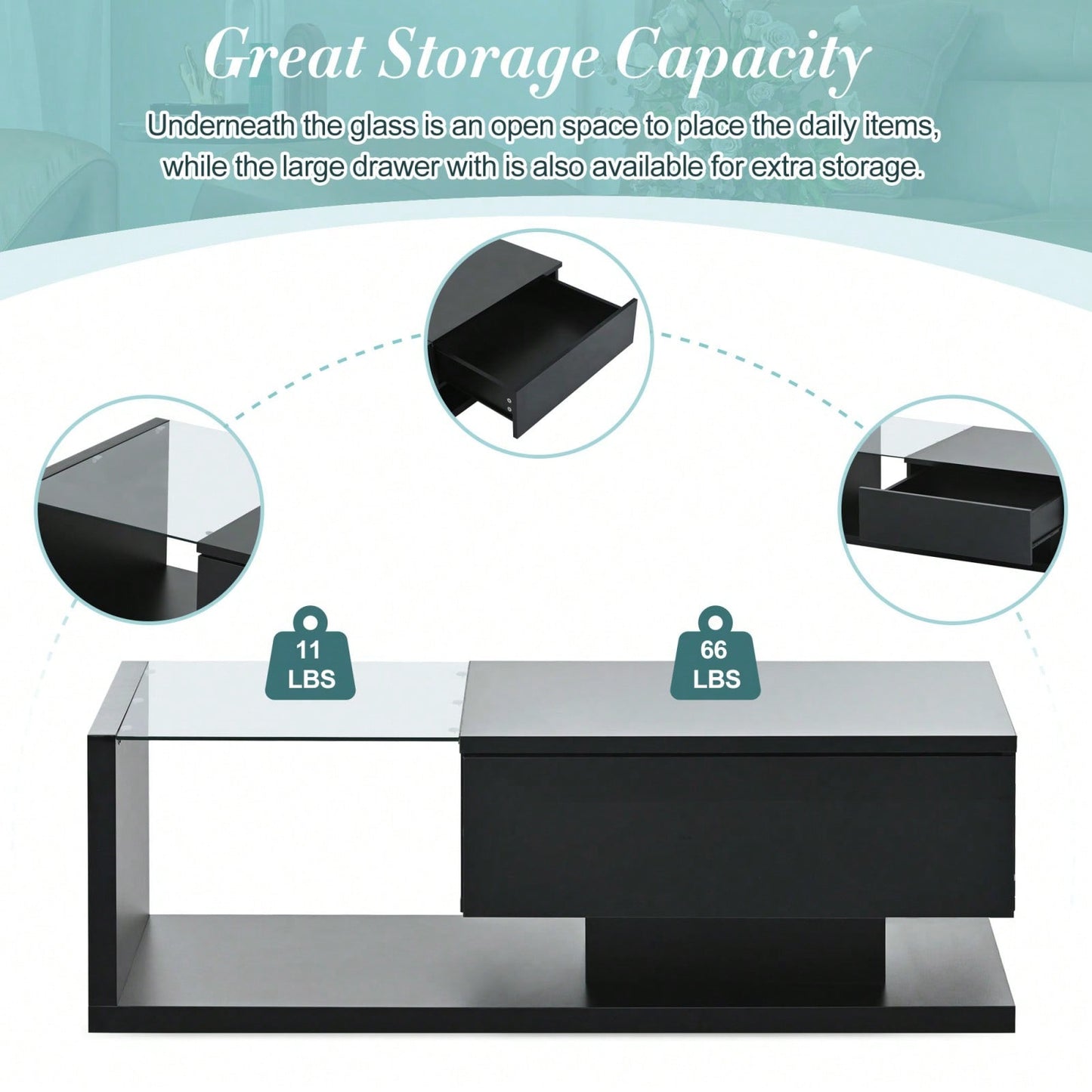 Modern Coffee Table With Tempered Glass Top And Drawer