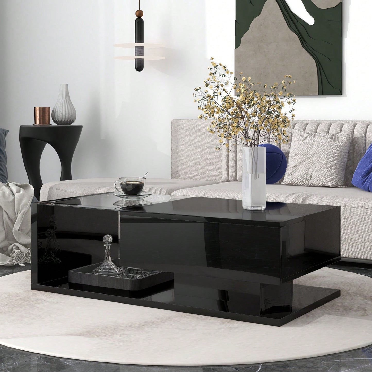 Modern Coffee Table With Tempered Glass Top And Drawer