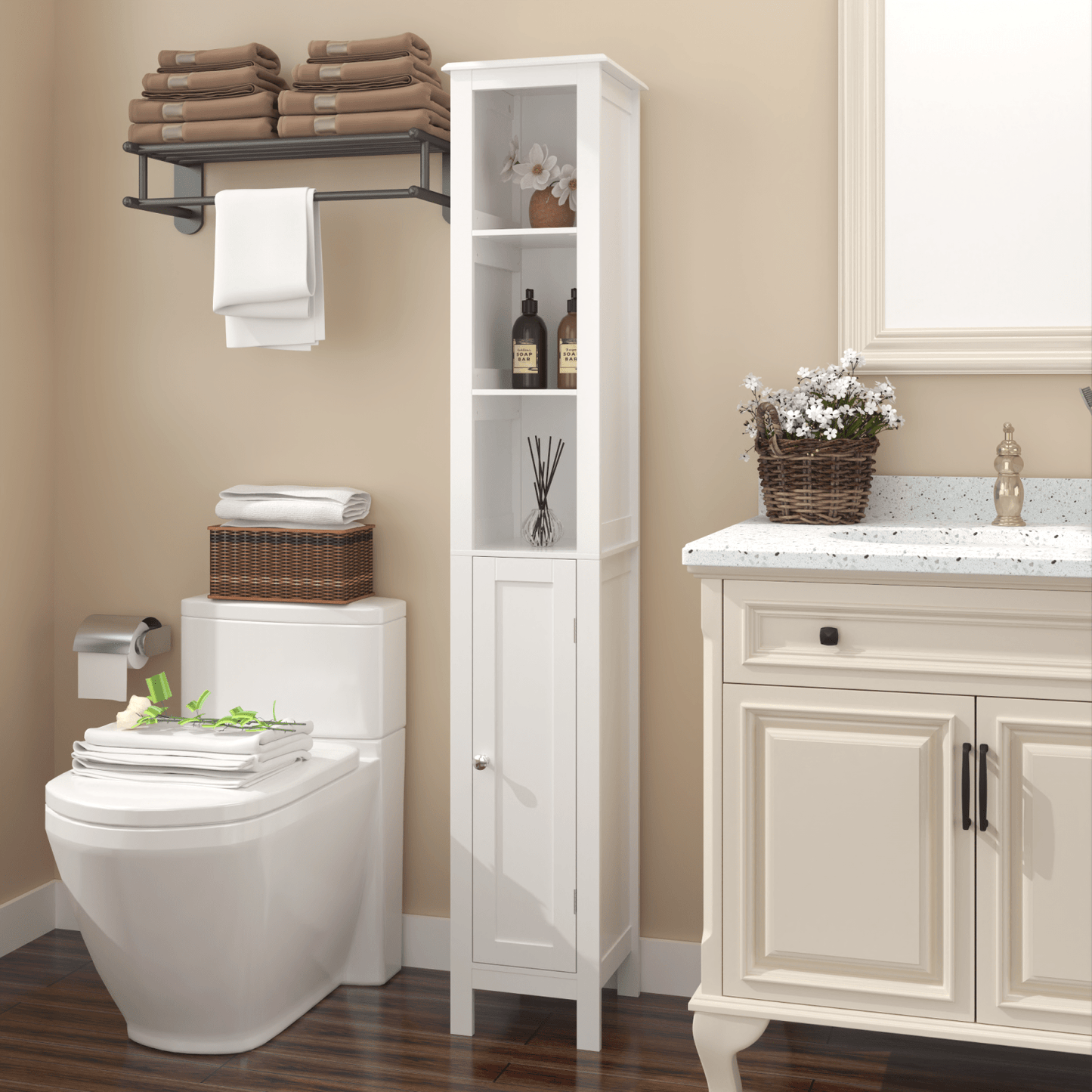 67 Inch Tall Freestanding Bathroom Storage Cabinet with Adjustable Shelves and Anti-Tip Design in White for Home Organization