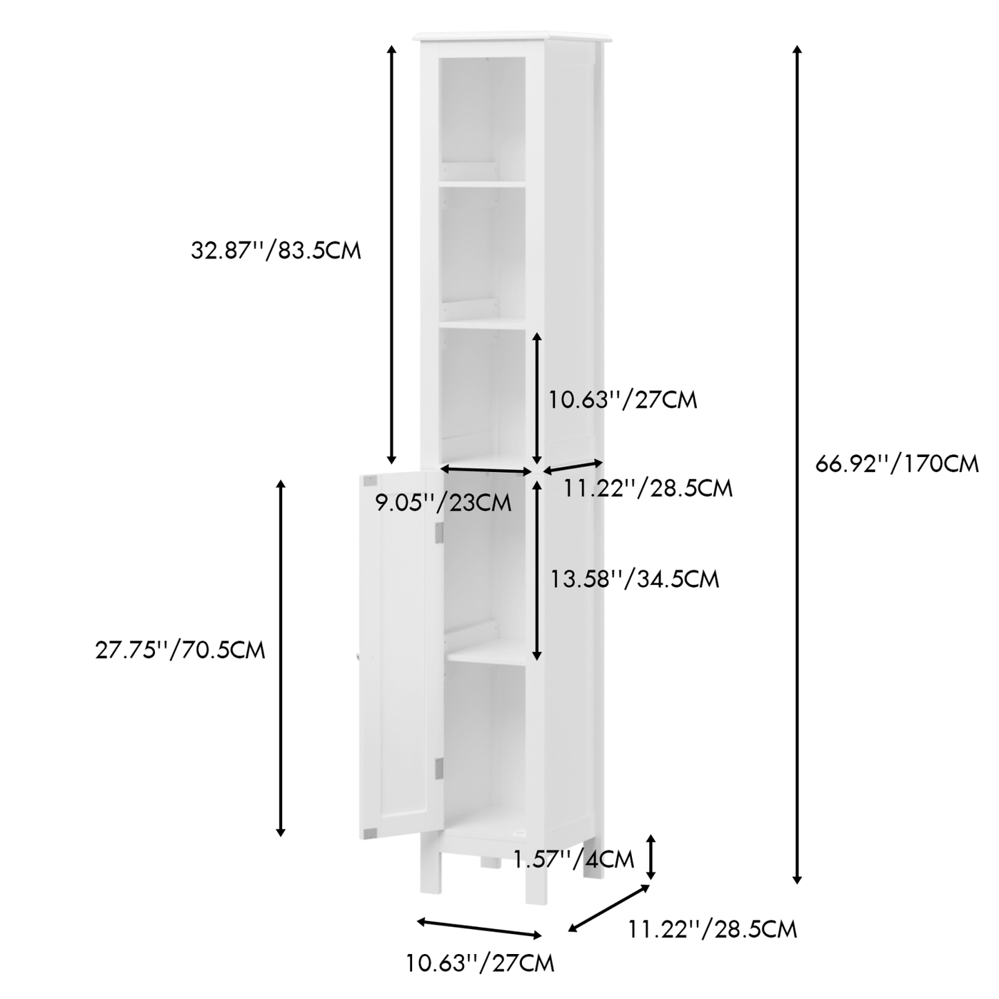 67 Inch Tall Freestanding Bathroom Storage Cabinet with Adjustable Shelves and Anti-Tip Design in White for Home Organization