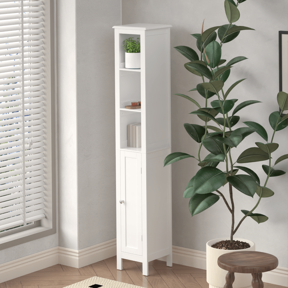 67 Inch Tall Freestanding Bathroom Storage Cabinet with Adjustable Shelves and Anti-Tip Design in White for Home Organization