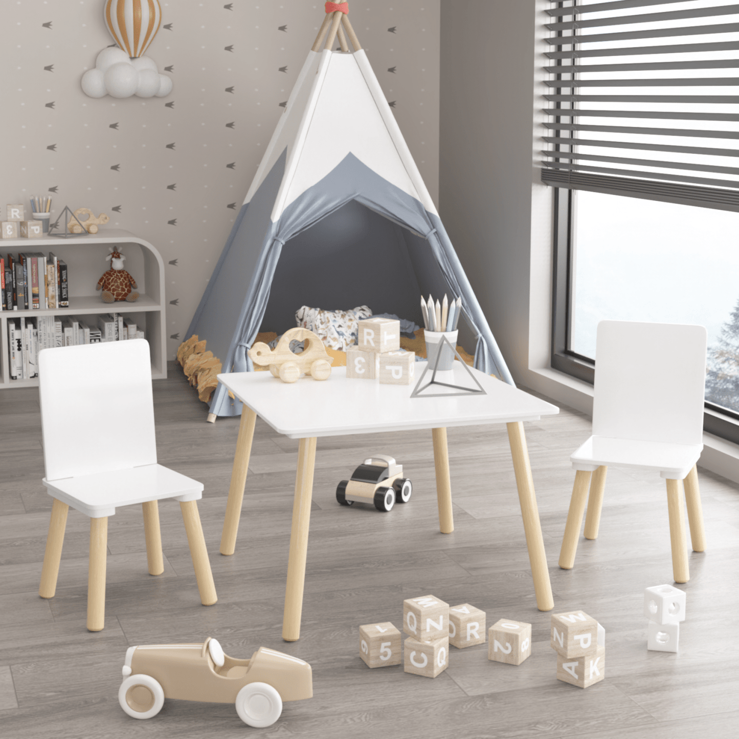 Kids Wooden Activity Table And 2 Chairs Set | Toddler Play Table Set | Solid Wood Construction | Easy Assembly | White |Chairs