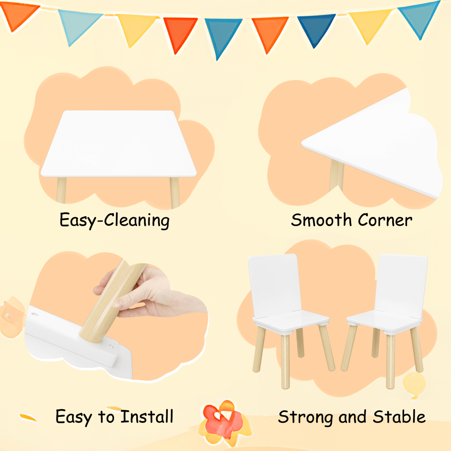 Kids Wooden Activity Table And 2 Chairs Set | Toddler Play Table Set | Solid Wood Construction | Easy Assembly | White |Chairs