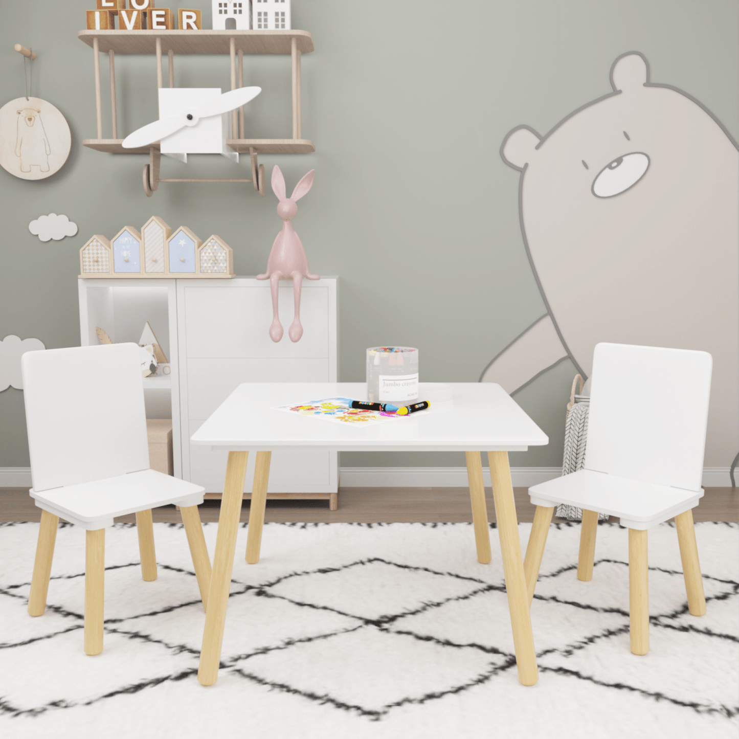 Kids Wooden Activity Table And 2 Chairs Set | Toddler Play Table Set | Solid Wood Construction | Easy Assembly | White |Chairs