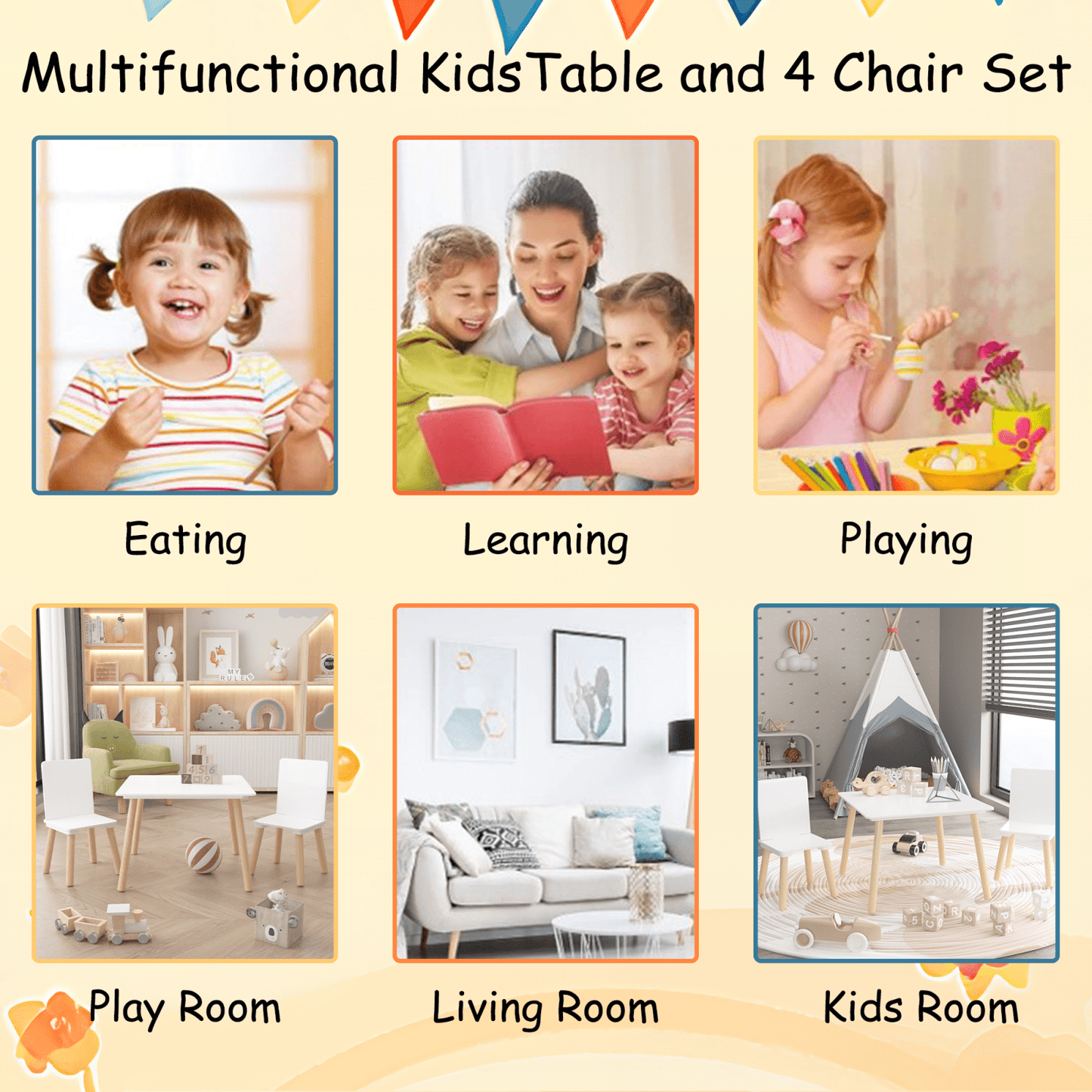 Kids Wooden Activity Table And 2 Chairs Set | Toddler Play Table Set | Solid Wood Construction | Easy Assembly | White |Chairs