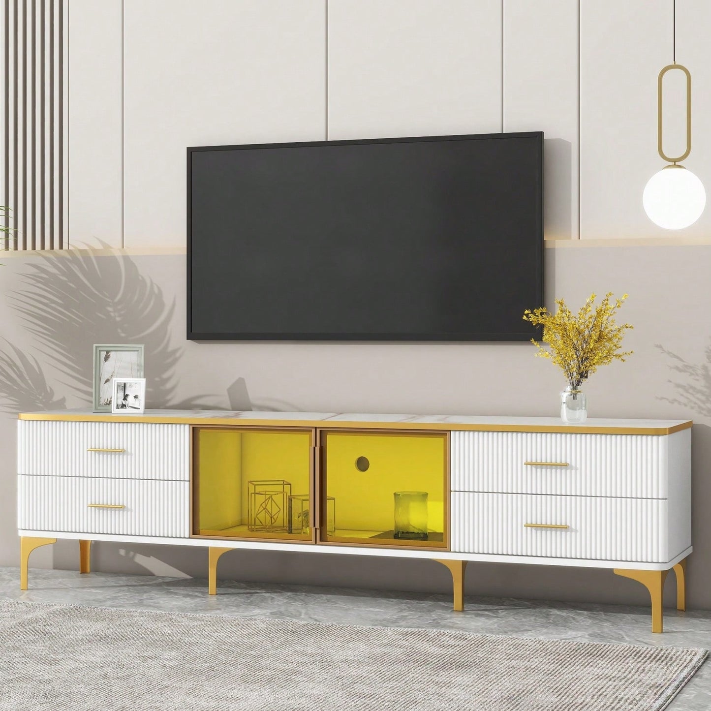 78 Inch Modern TV Stand with LED Lights Marble Finish and Golden Accents for Living Room Storage