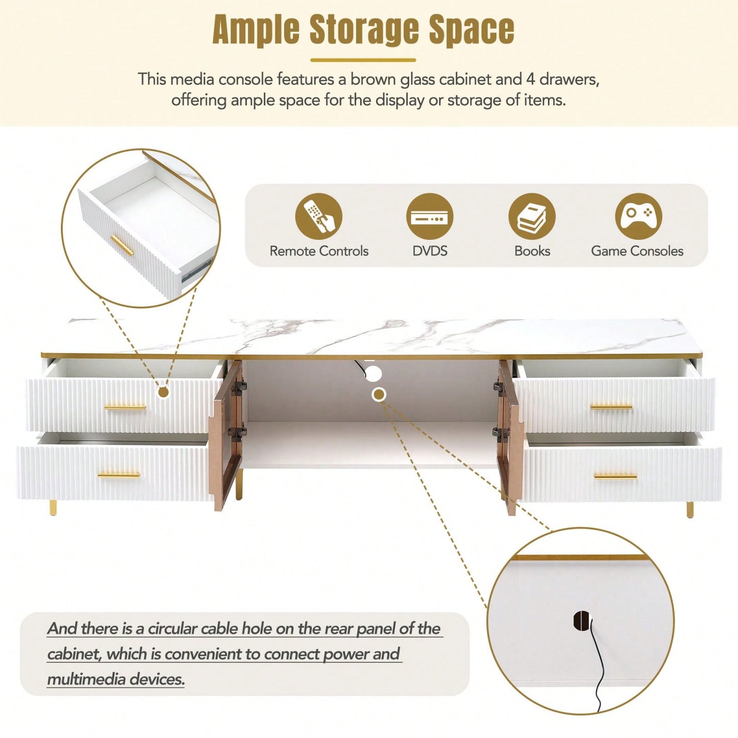 78 Inch Modern TV Stand with LED Lights Marble Finish and Golden Accents for Living Room Storage