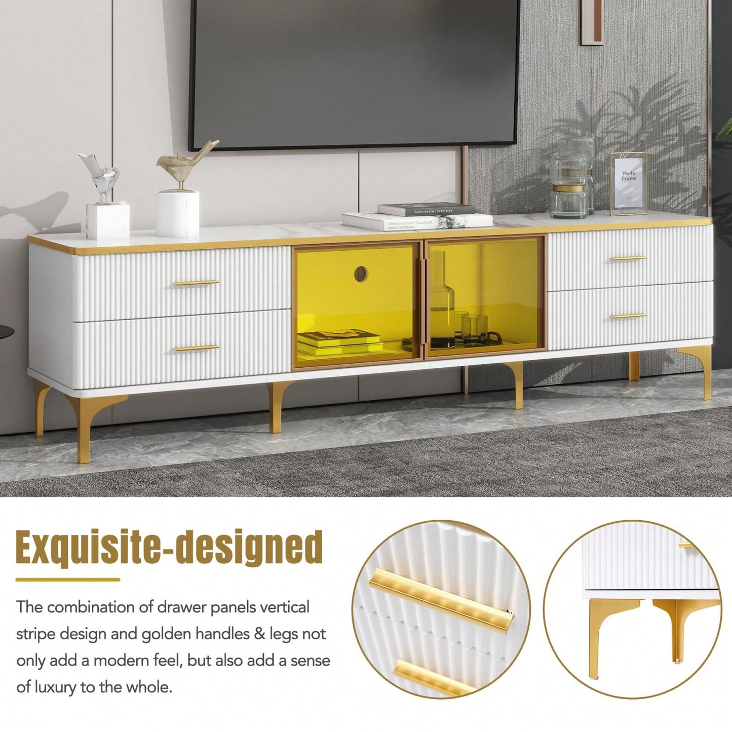 78 Inch Modern TV Stand with LED Lights Marble Finish and Golden Accents for Living Room Storage