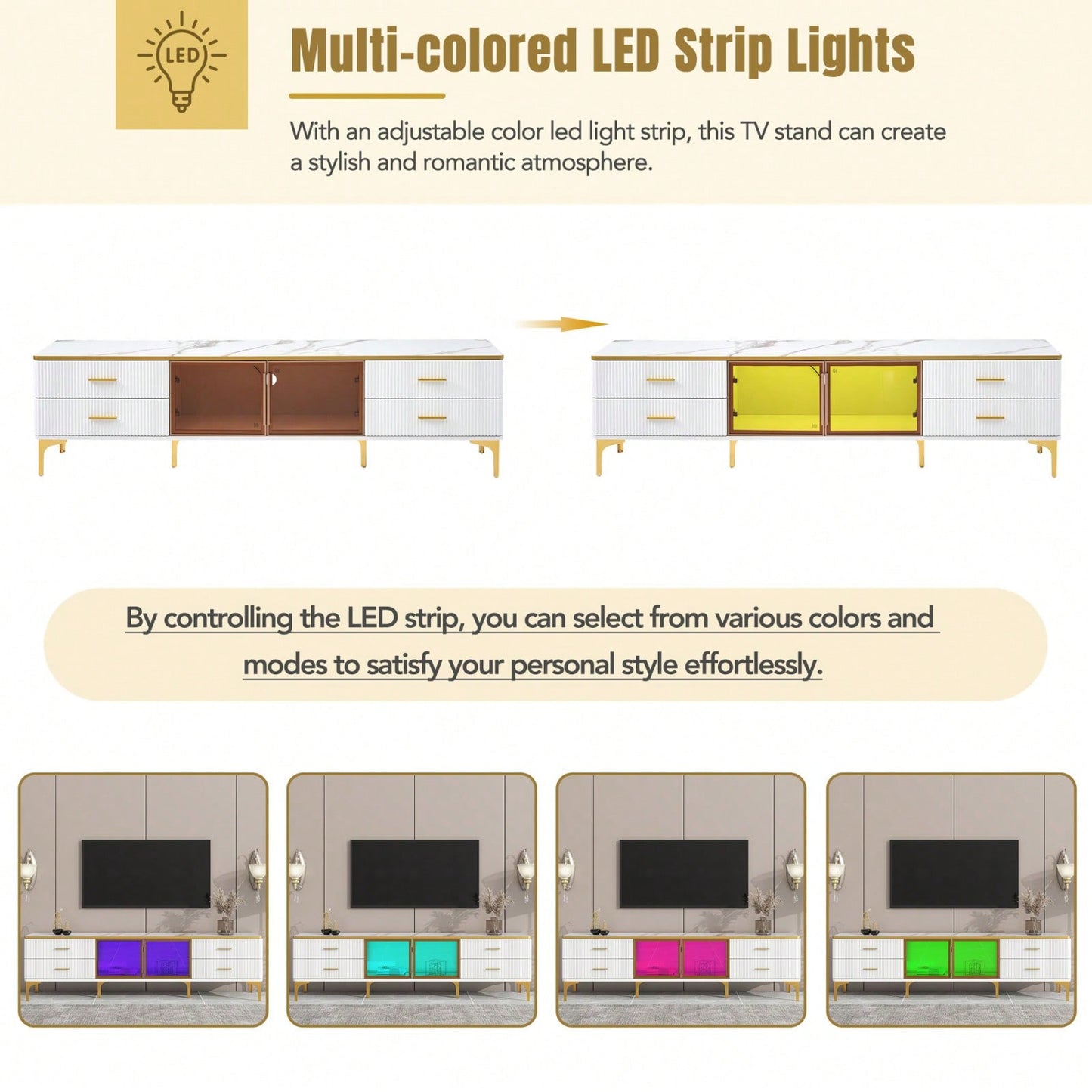 78 Inch Modern TV Stand with LED Lights Marble Finish and Golden Accents for Living Room Storage