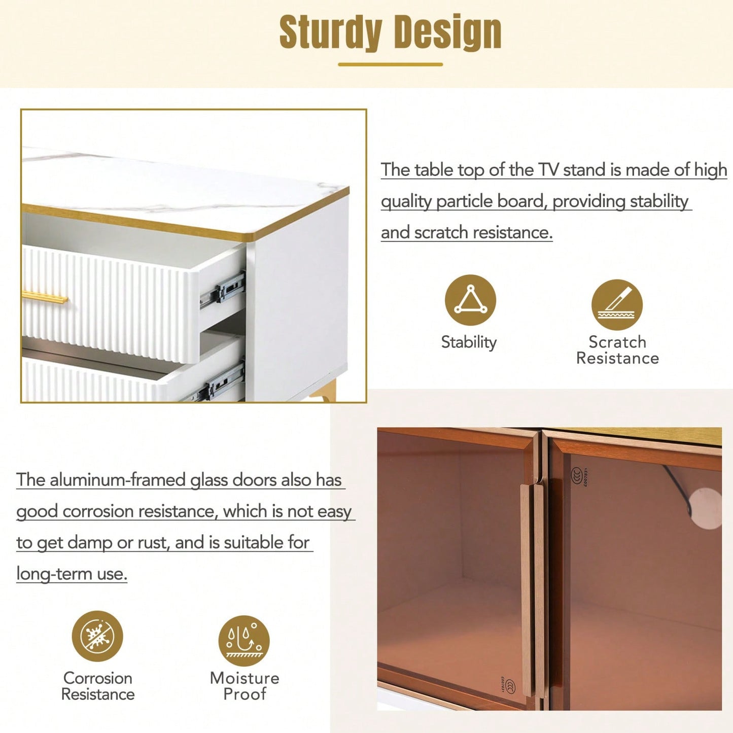 78 Inch Modern TV Stand with LED Lights Marble Finish and Golden Accents for Living Room Storage