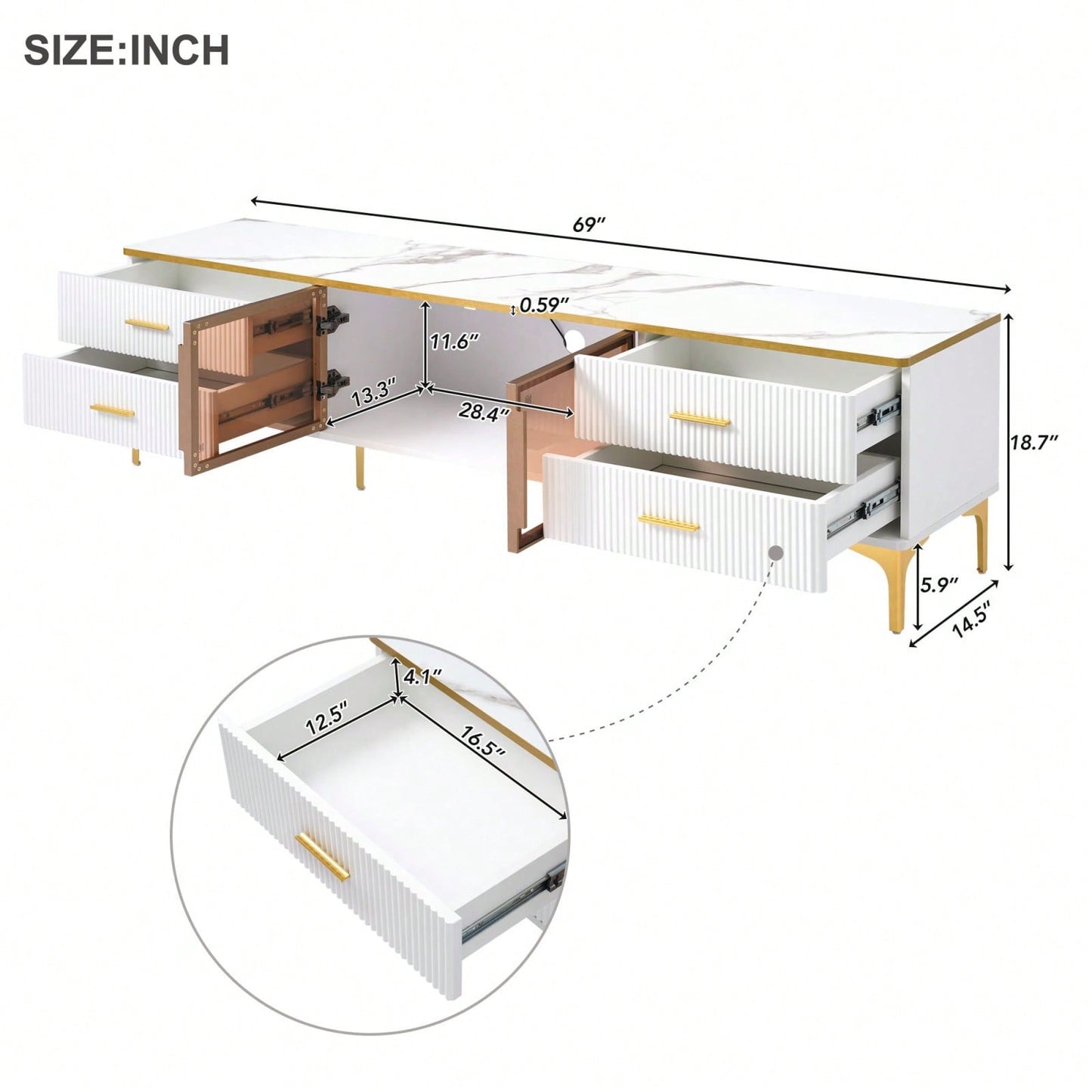 78 Inch Modern TV Stand with LED Lights Marble Finish and Golden Accents for Living Room Storage