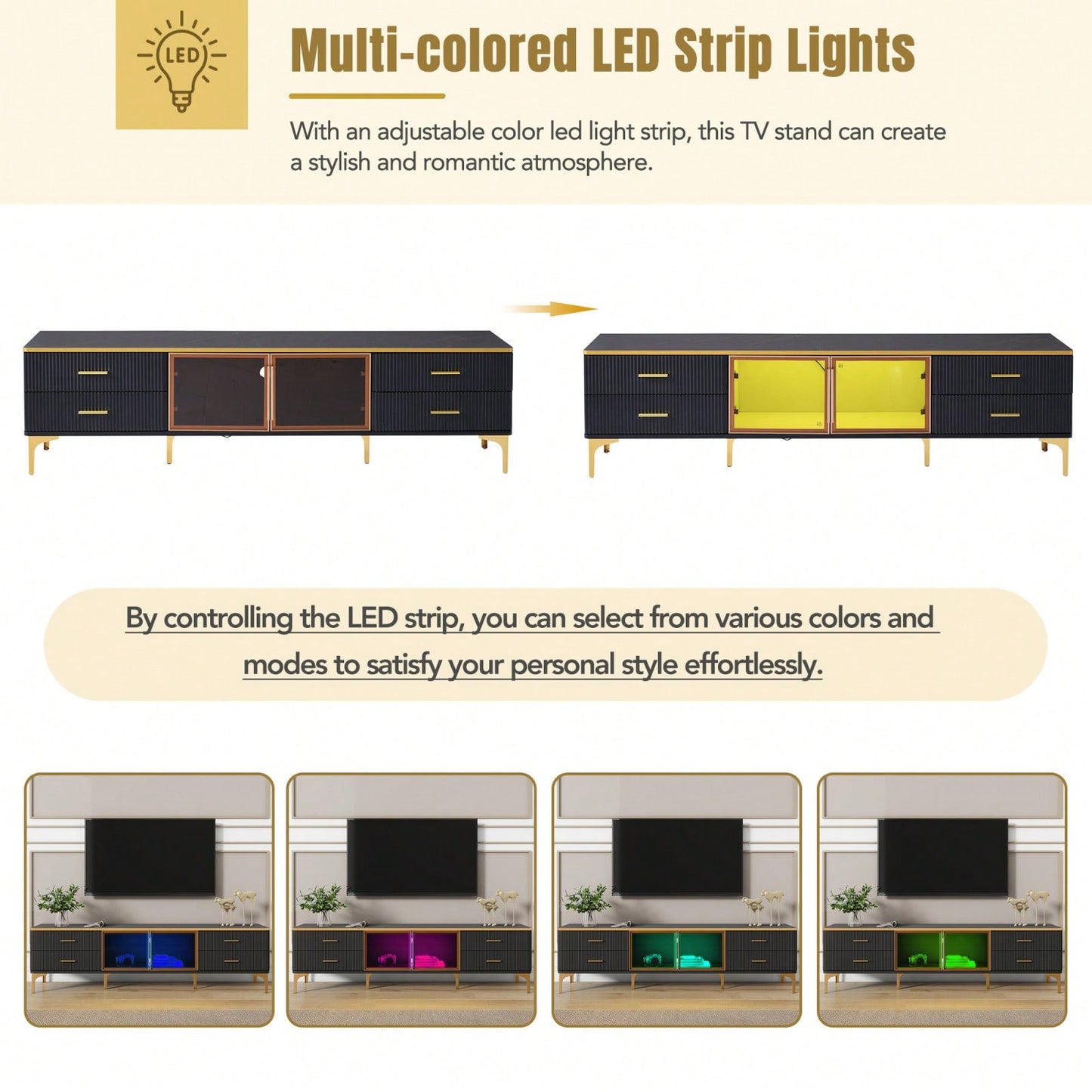 78 Inch Modern TV Stand with LED Lights Marble Finish and Golden Accents for Living Room Storage