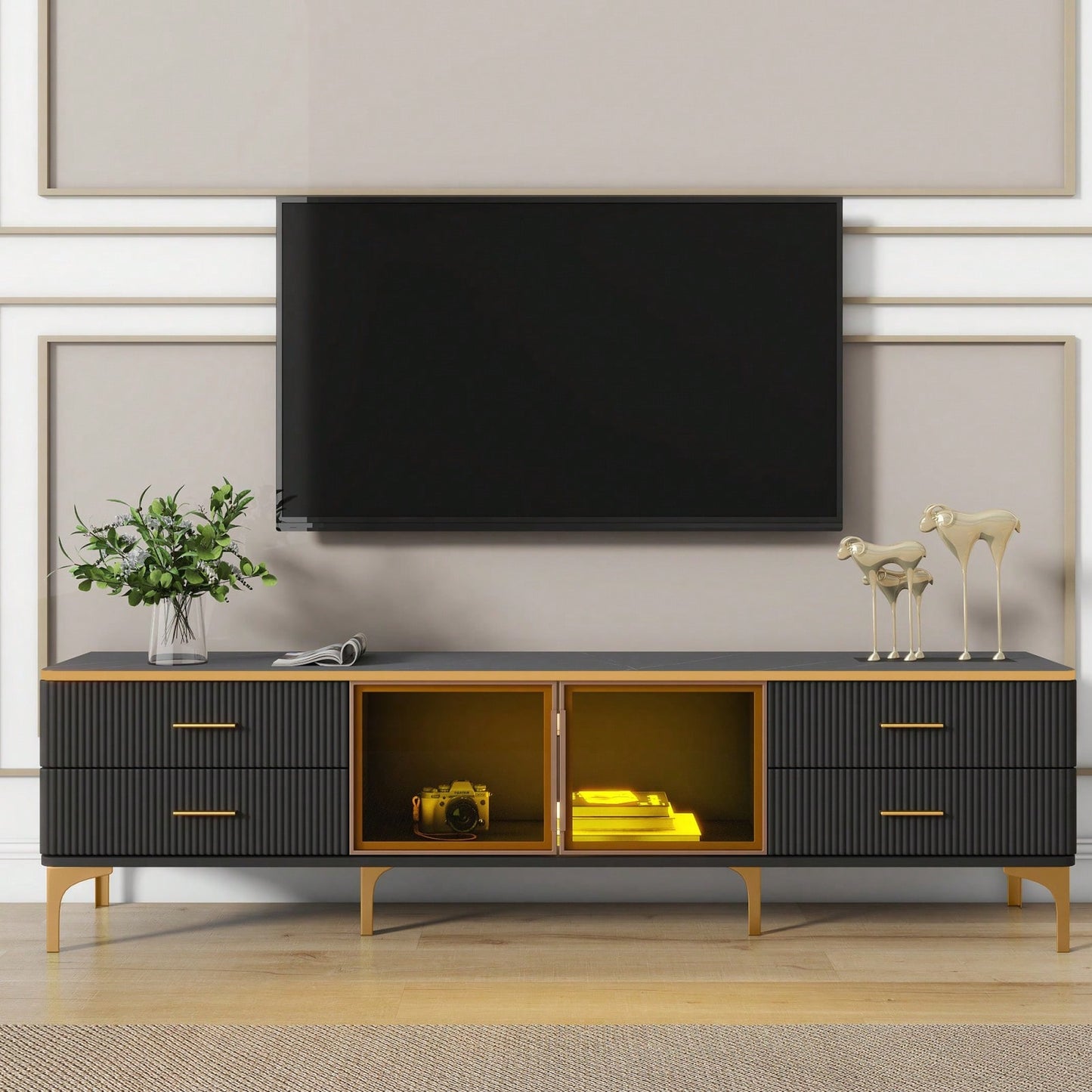 78 Inch Modern TV Stand with LED Lights Marble Finish and Golden Accents for Living Room Storage
