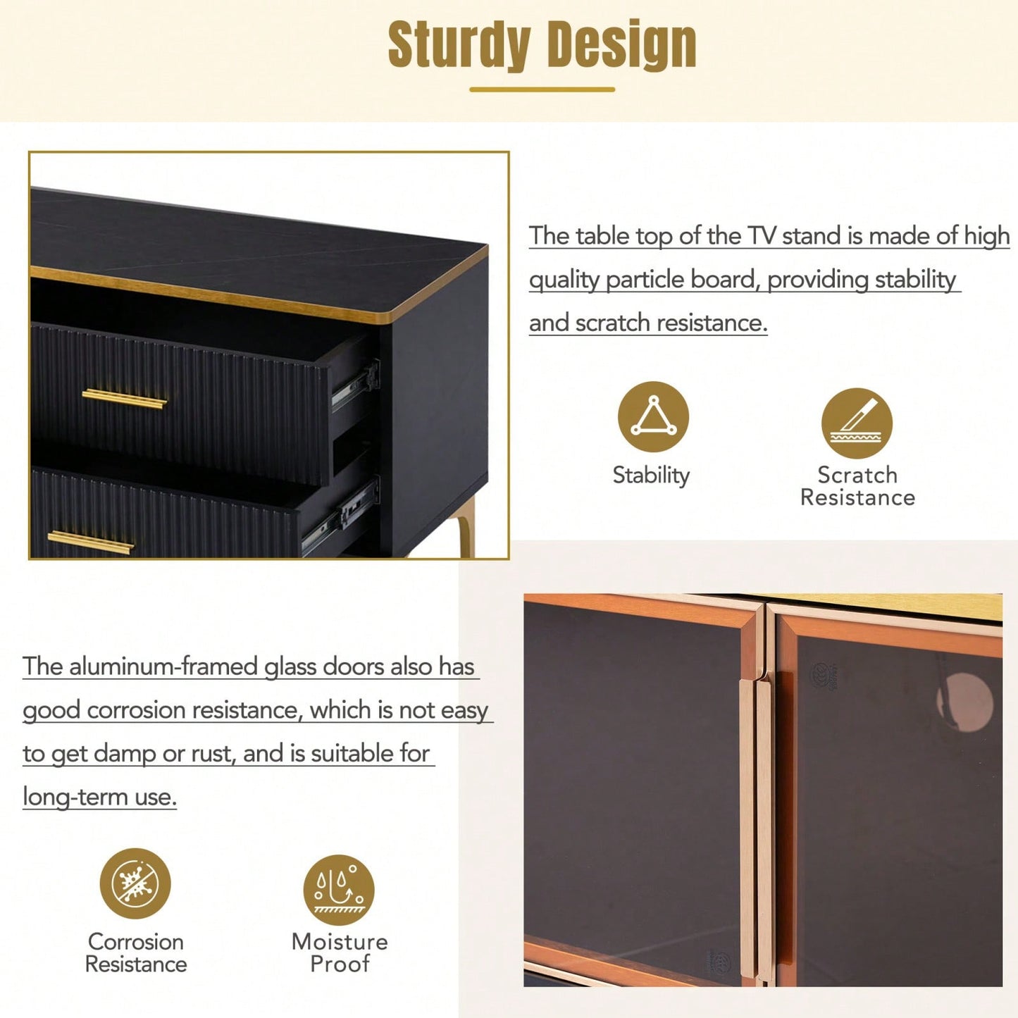78 Inch Modern TV Stand with LED Lights Marble Finish and Golden Accents for Living Room Storage