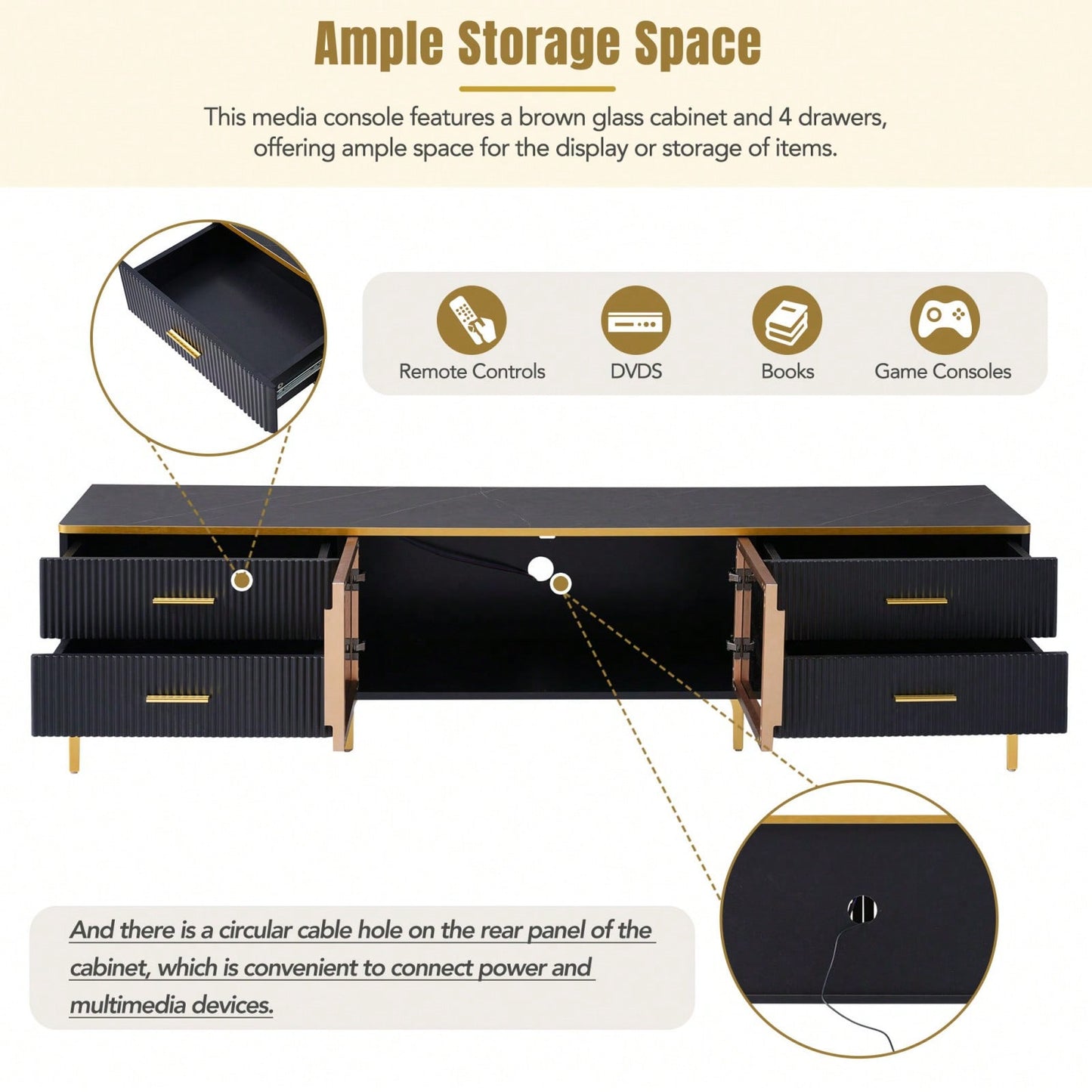 78 Inch Modern TV Stand with LED Lights Marble Finish and Golden Accents for Living Room Storage