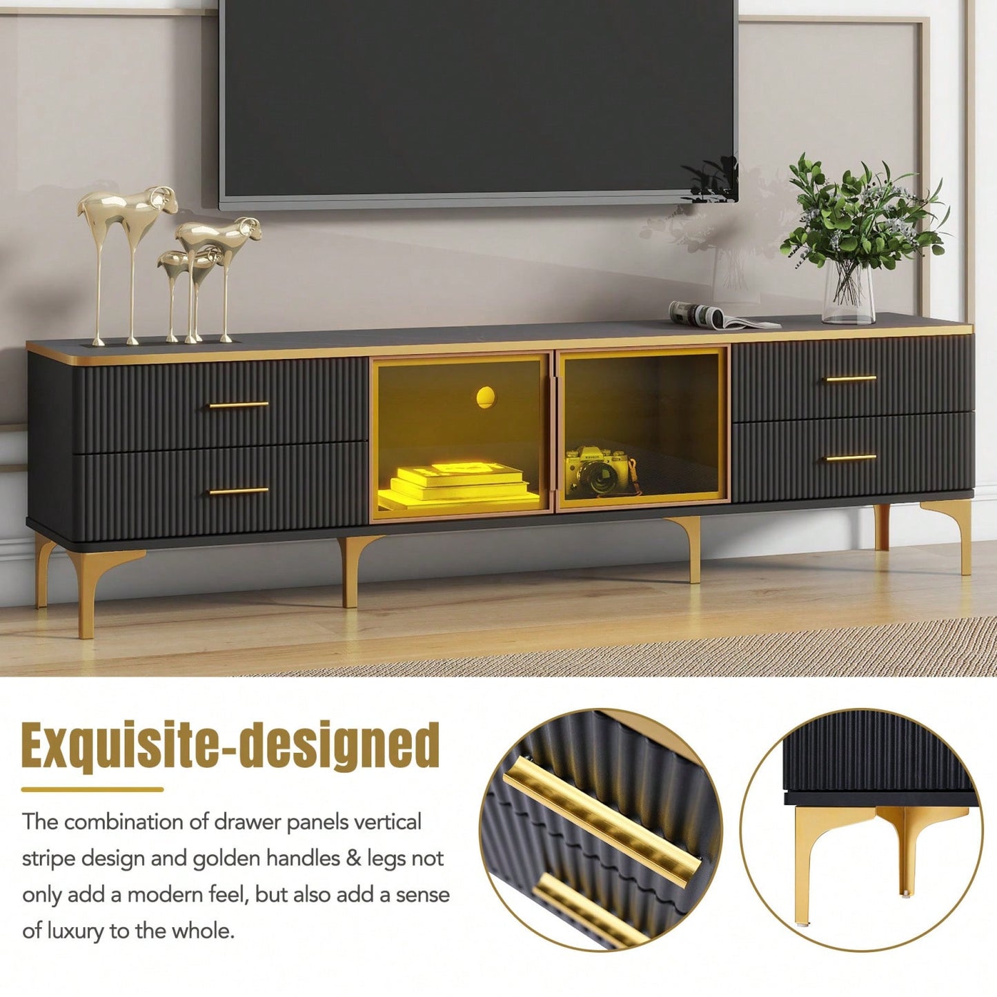 78 Inch Modern TV Stand with LED Lights Marble Finish and Golden Accents for Living Room Storage