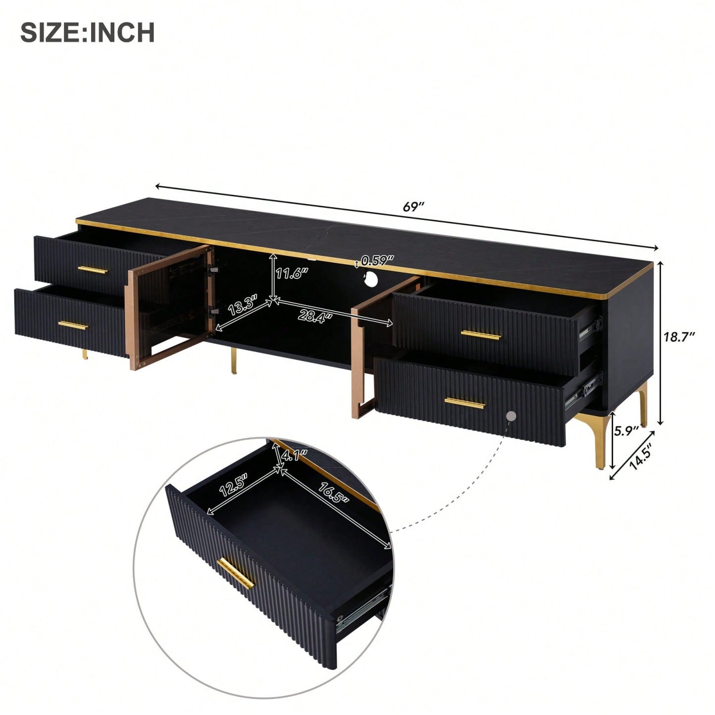 78 Inch Modern TV Stand with LED Lights Marble Finish and Golden Accents for Living Room Storage