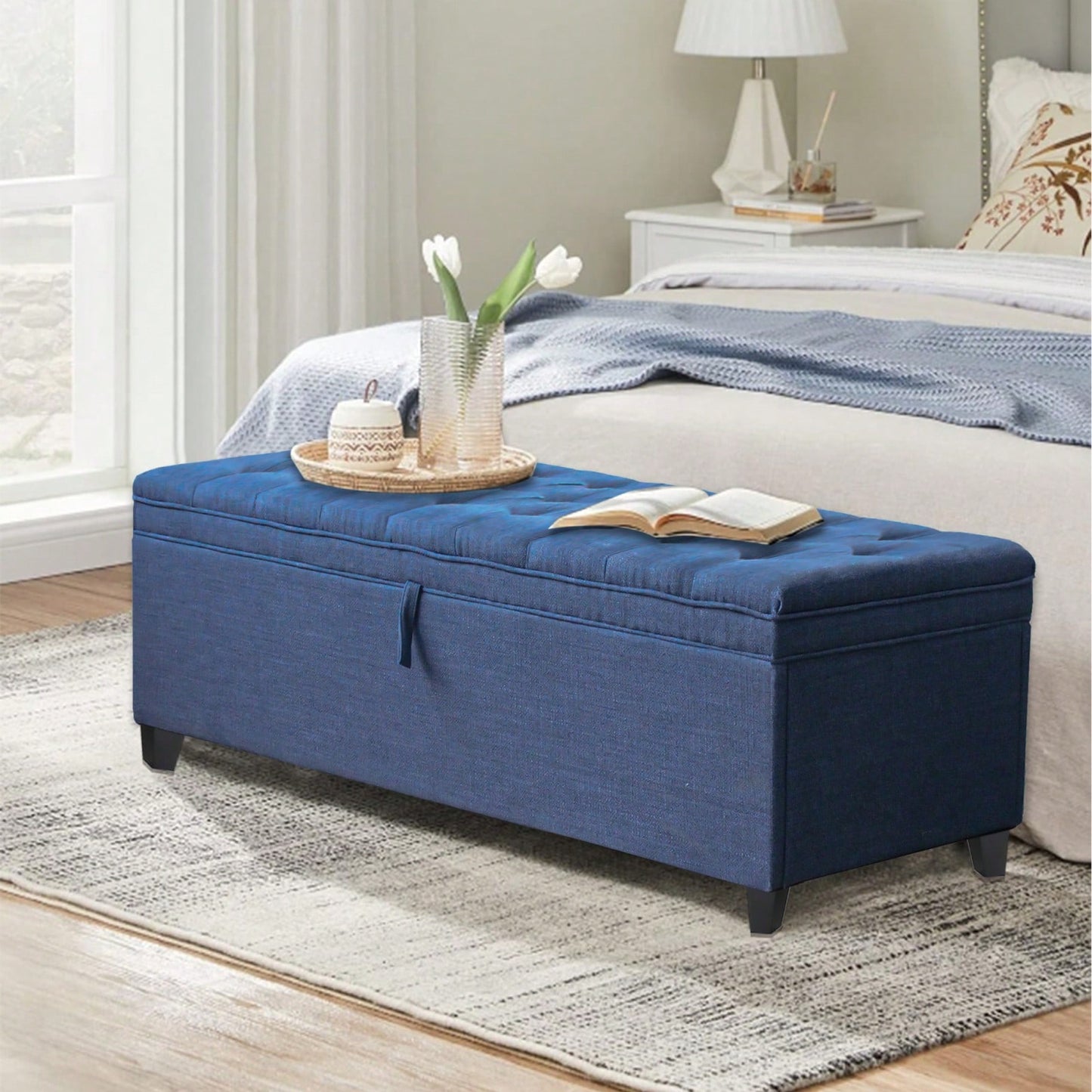55 Inch Blue Linen Storage Ottoman Bench with Tufted Lid and Padded Seat for Entryway Living Room Bedroom
